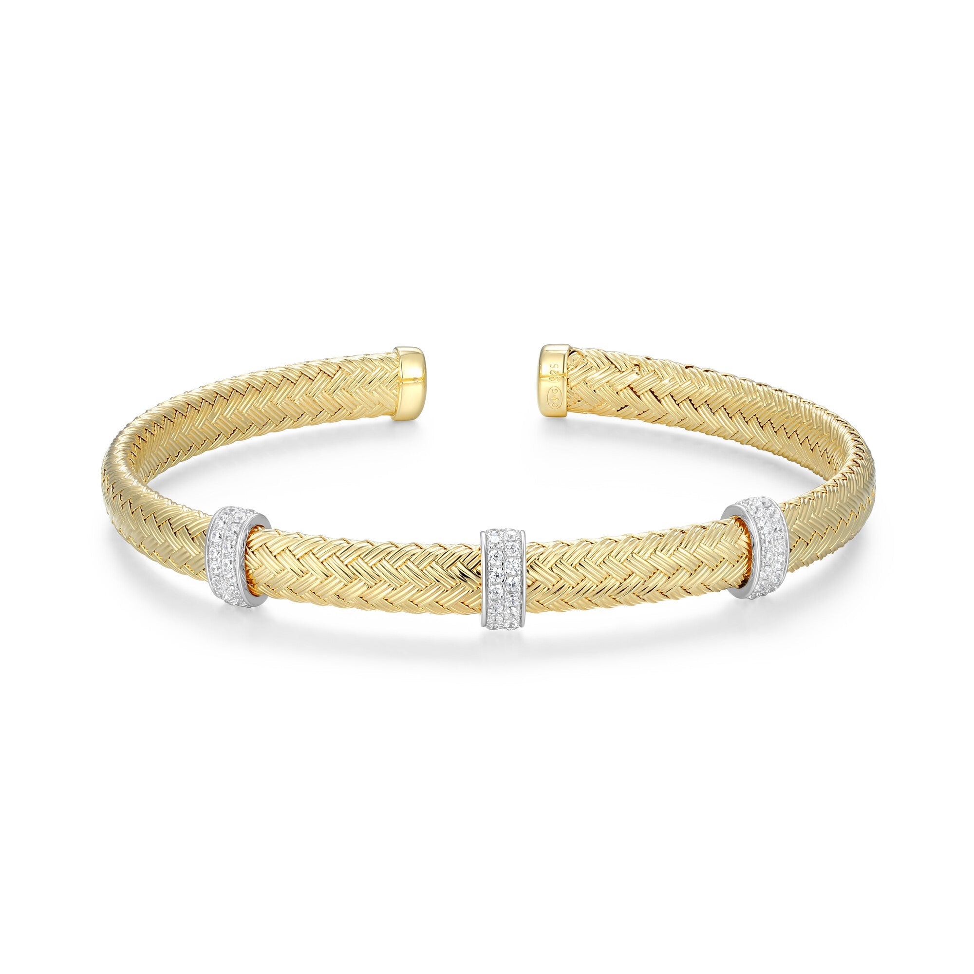Sterling Silver Yellow Gold And Rhodium Plated Cuff With White Cz Inside 60X50Mm