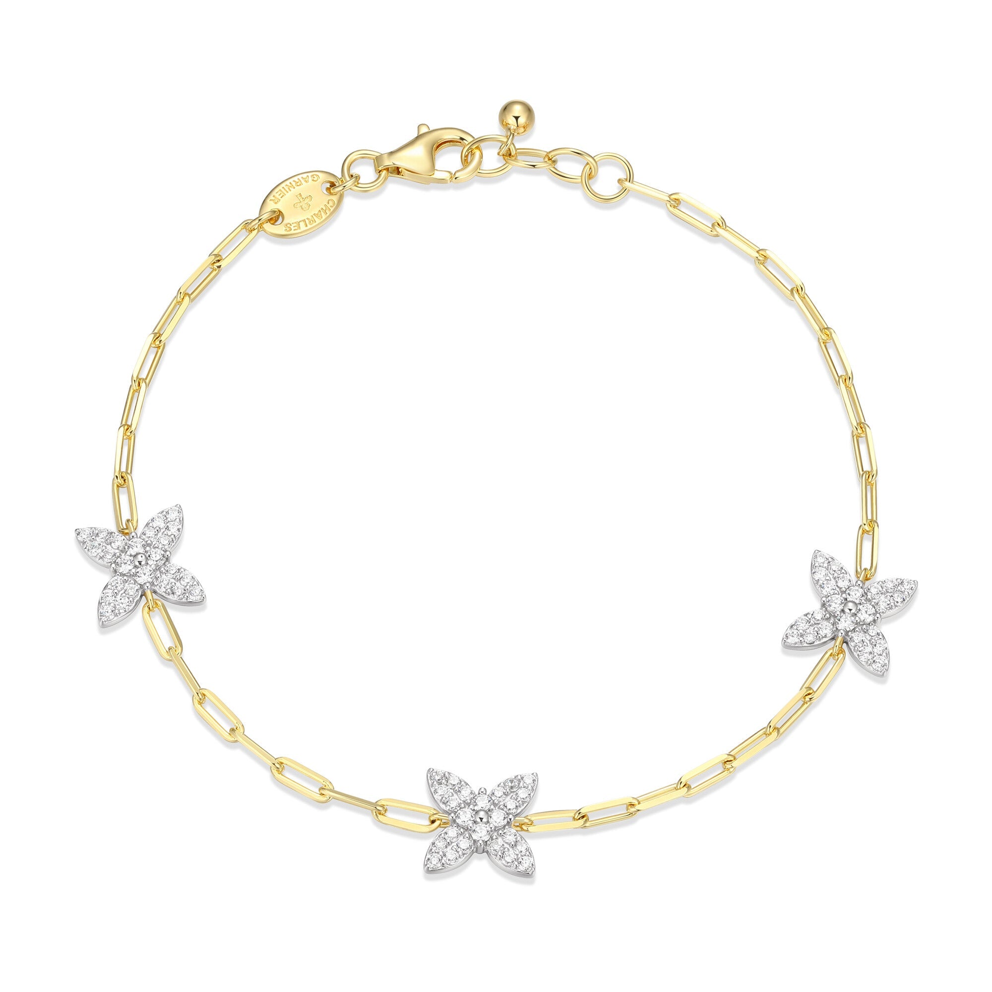 Sterling Silver Yellow Gold And Rhodium Plated Bracelet With White Cz 2*5.6Mm Faceted Crossed Diamond Cut Cable Chain(060 Forz L D/C) Ingirth 6.75" Ext 0.5"