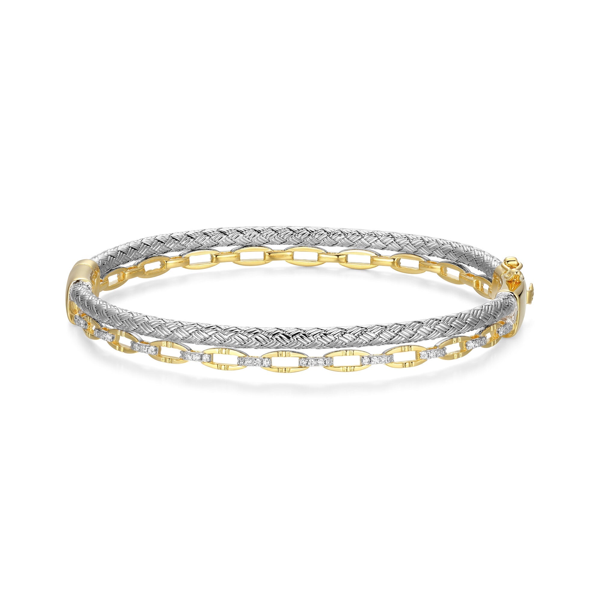 Sterling Silver Yellow Gold And Rhodium Plated Bangle With White Cz Inside 60X50Mm