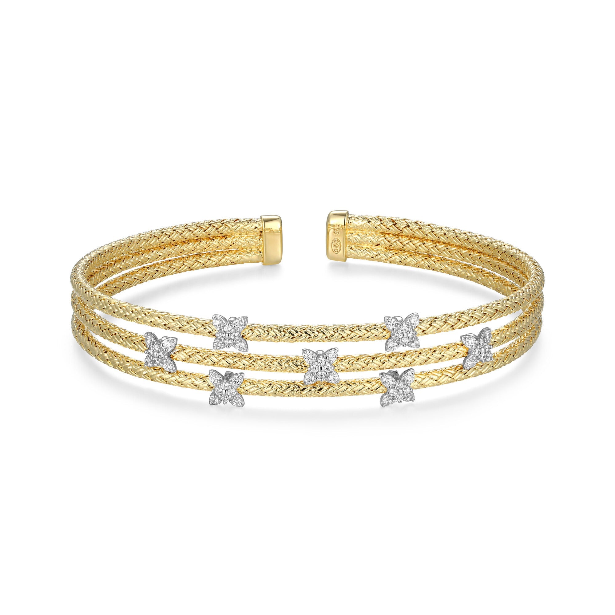 Sterling Silver Yellow Gold And Rhodium Plated Cuff With White Cz Inside 60X50Mm