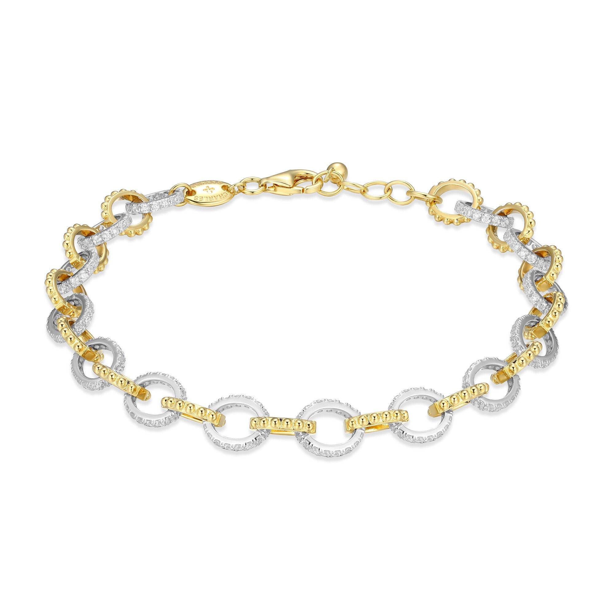 Sterling Silver Yellow Gold And Rhodium Plated Bracelet With White Cz Ingirth 6.75" Ext 0.5"