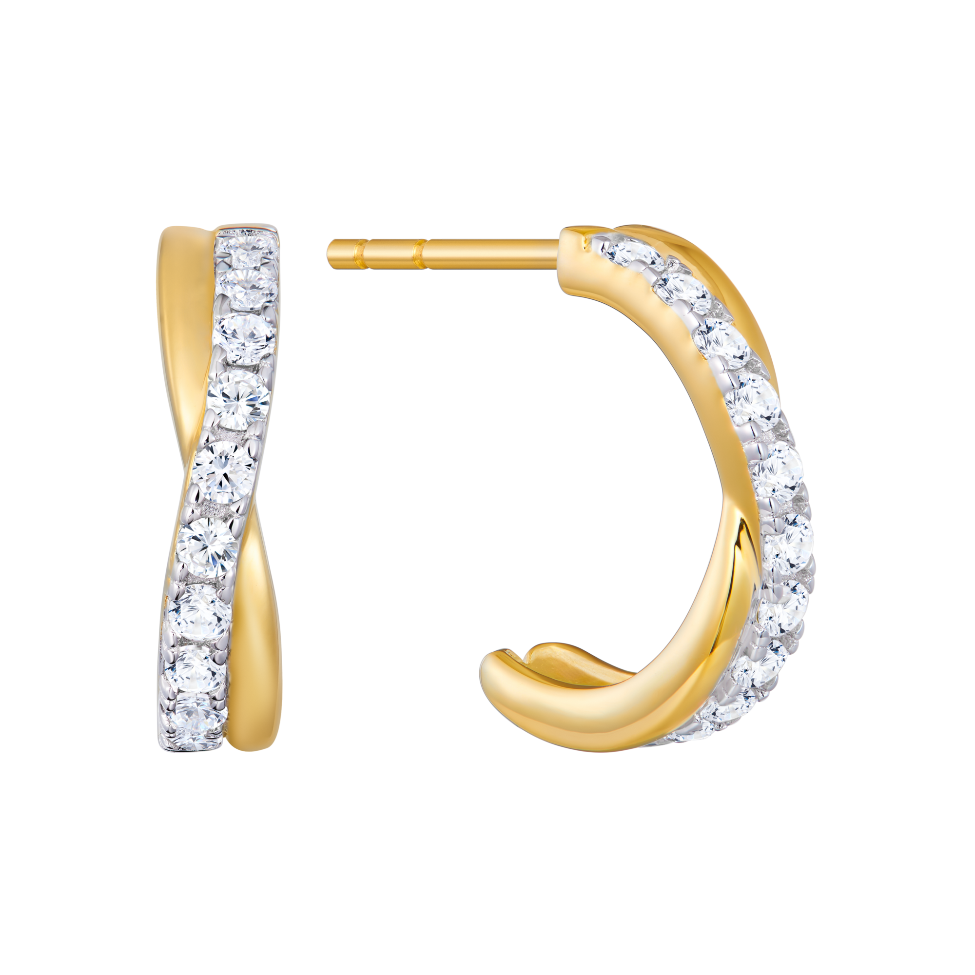 BE0160Y - Pave Crossover J-Hoop Stud Earrings in 14K Yellow Gold-Plated Sterling Silver