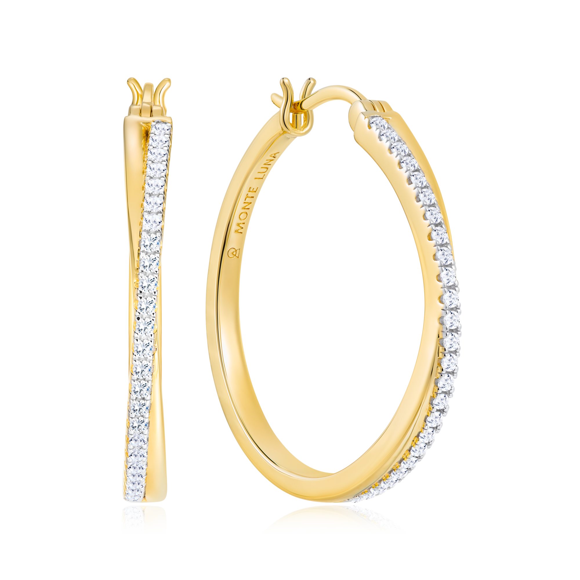BE0161Y - Large Half Pave Twist Hoop Earrings in 14K Yellow Gold-Plated Sterling Silver
