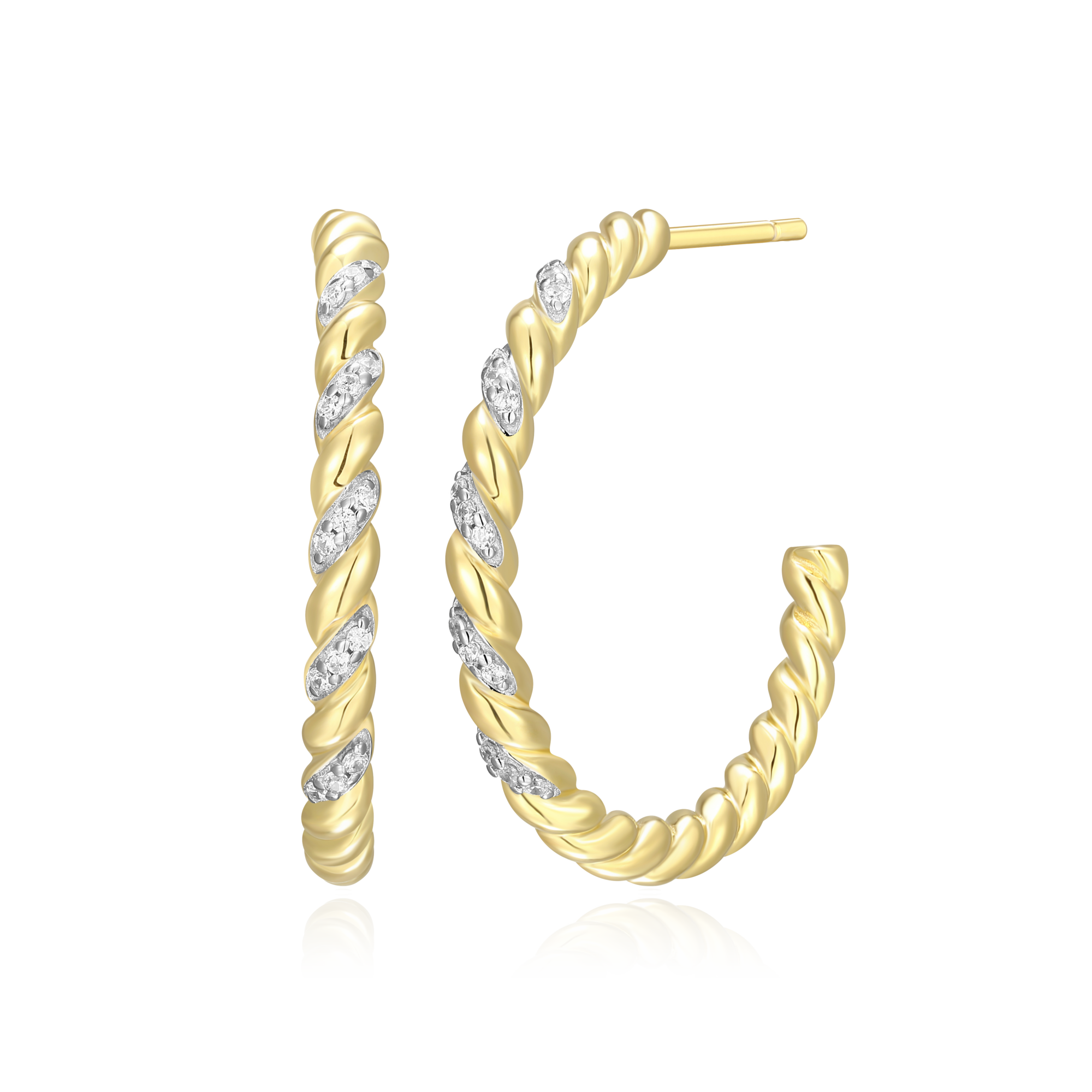 BE0105Y - Twist J-Hoop Stud Earrings in 14K Yellow Gold-Plated Sterling Silver