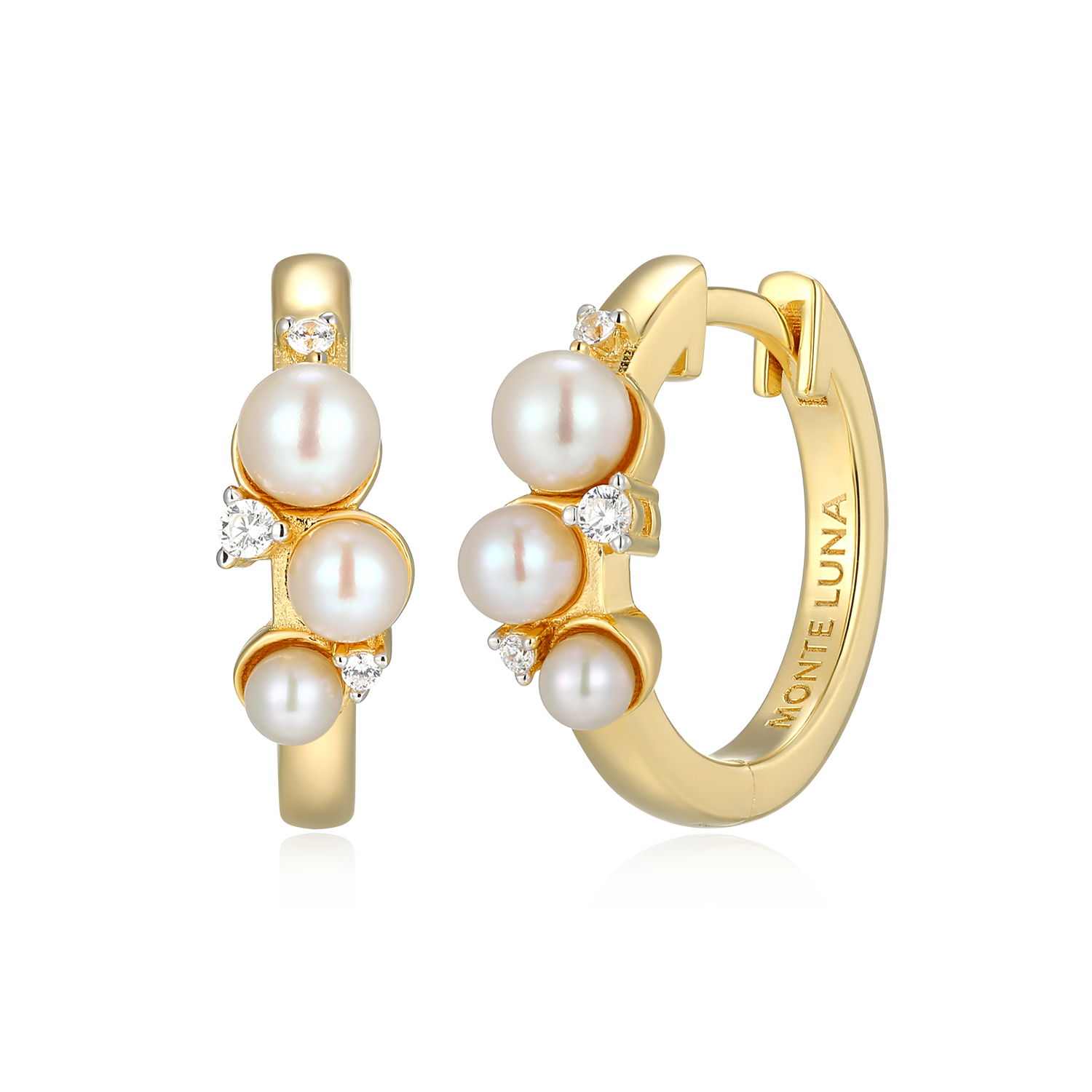 BE0192Y - Scattered Genuine Pearl & Lab-Created Diamond Huggie Earrings in 14K Gold & Rhodium-Plated Sterling Silver