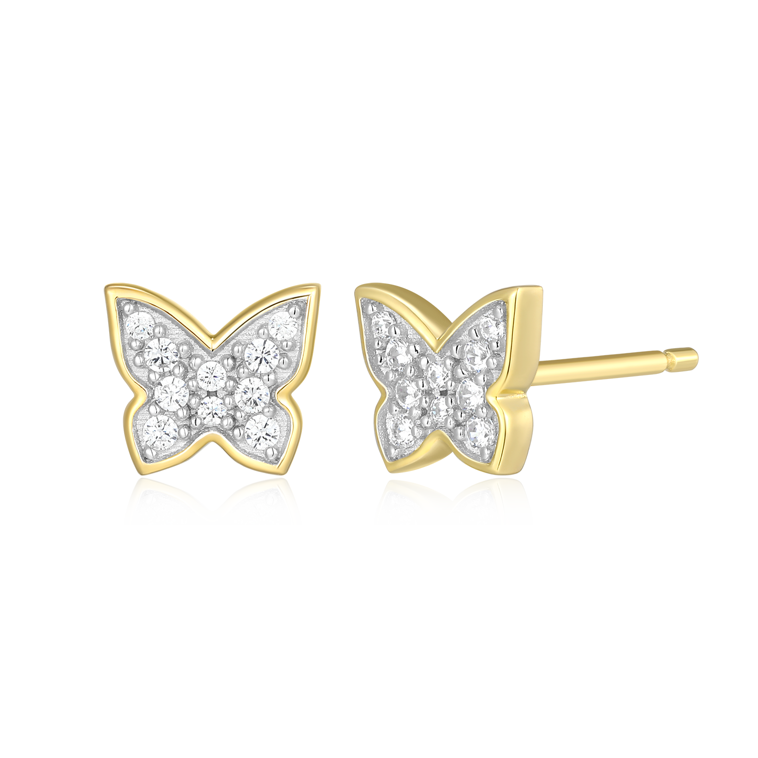 BE0035Y - Pave Butterfly Lab-Created Diamond Stud Earrings in 14K Gold & Rhodium-Plated Sterling Silver
