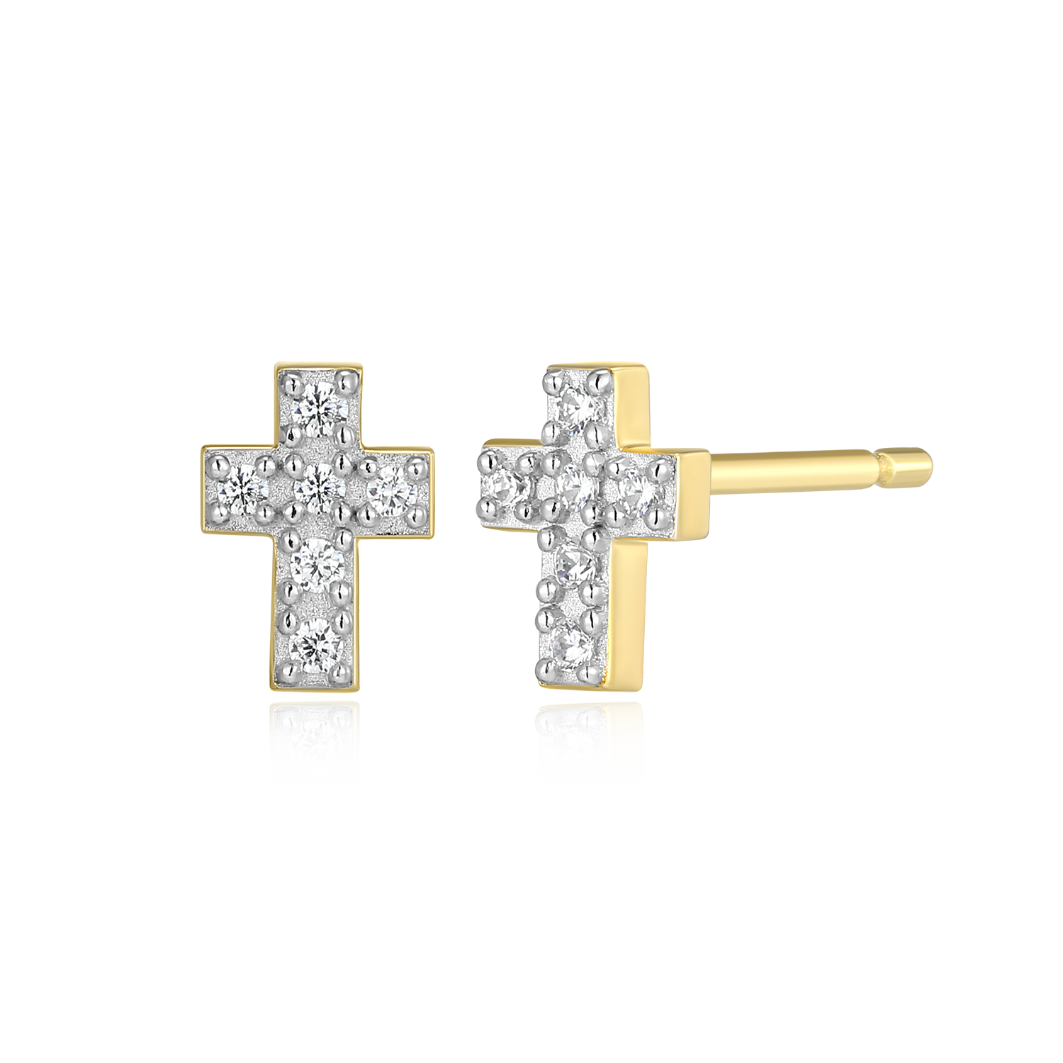 BE0167Y - Petite Pave Cross Lab-Created Diamond Stud Earrings in 14K Gold & Rhodium-Plated Sterling Silver