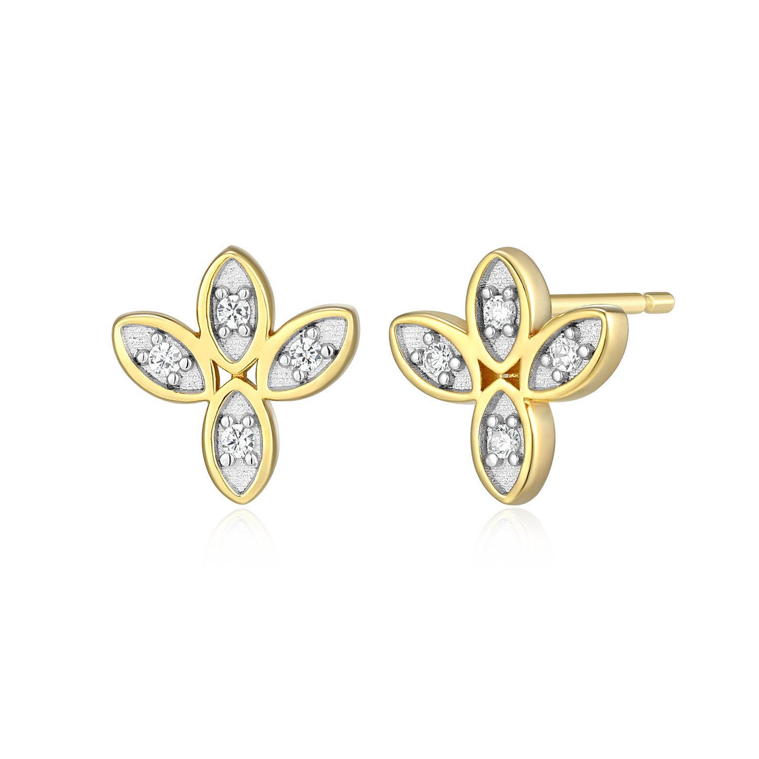 BE0186Y - Pave Marquis Flower Lab-Created Diamond Stud Earrings in 14K Gold & Rhodium-Plated Sterling Silver