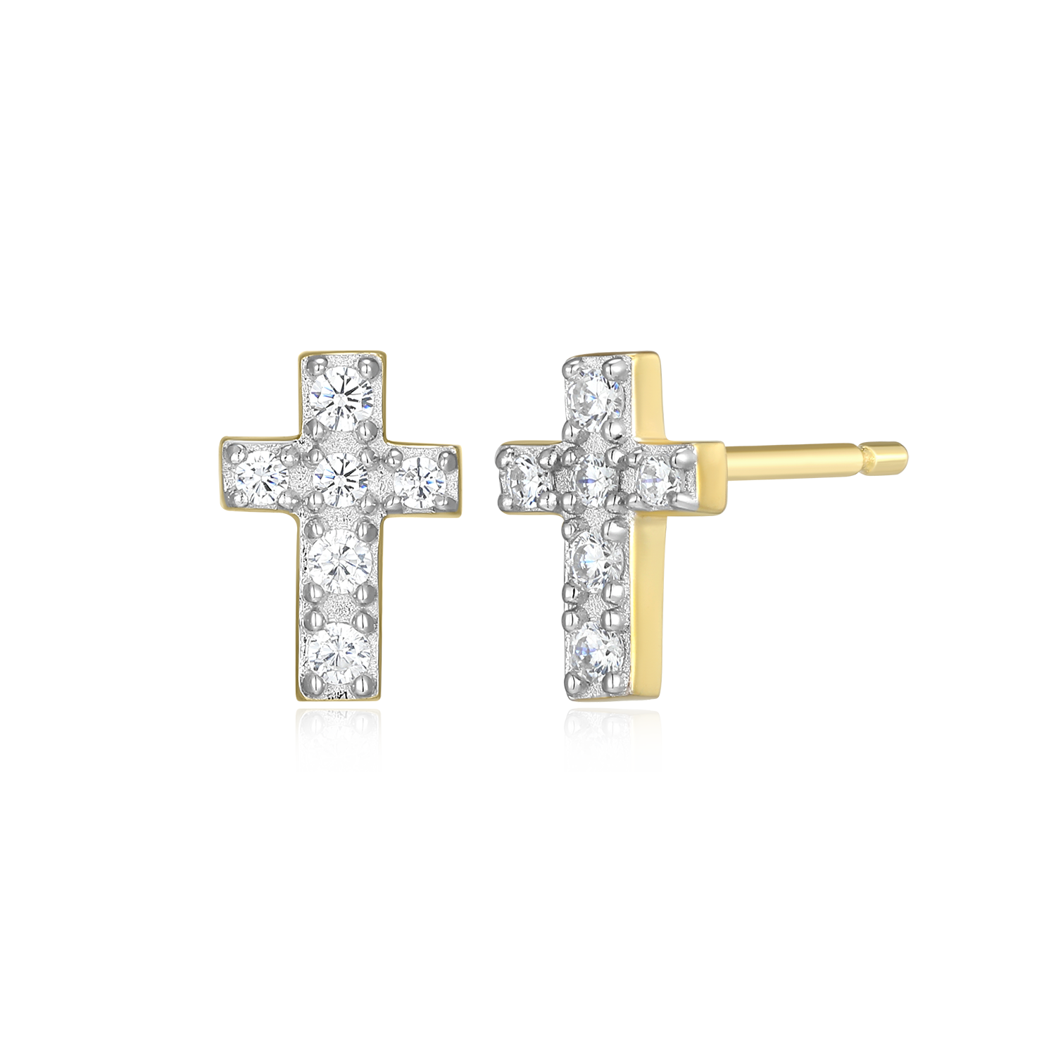 BE0168Y - Pave Cross Lab-Created Diamond Stud Earrings in 14K Gold & Rhodium-Plated Sterling Silver