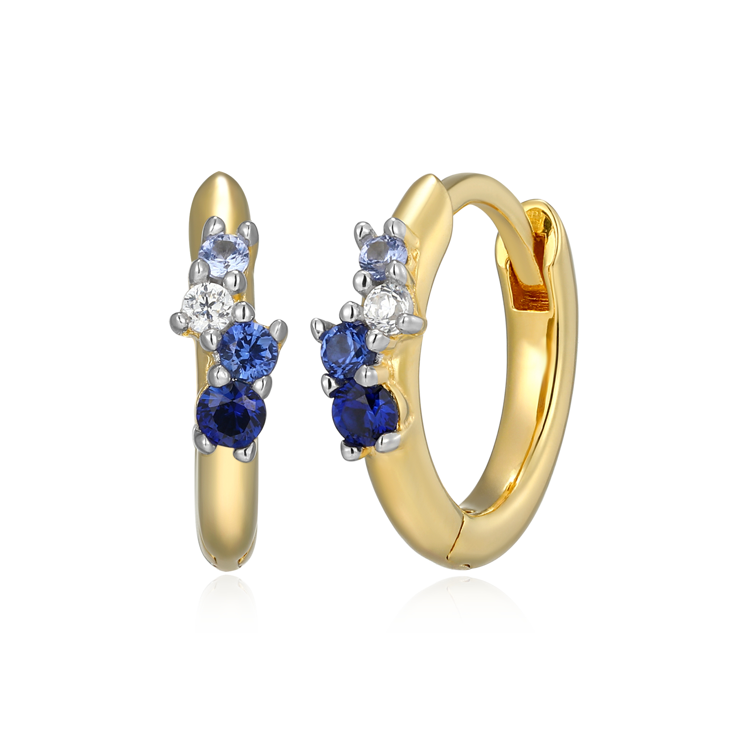 BE0200Y - Scattered Ombre Lab-Created Sapphire & Diamond Huggie Earrings in 14K Gold & Rhodium-Plated Sterling Silver