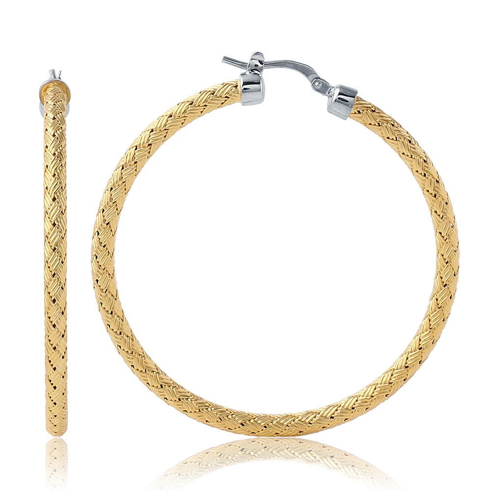 Sterling Silver 3Mm Mesh Earrings, Round Approximate 45Mm, 2 Tone, 18K Yellow Gold And Rhodium Finish