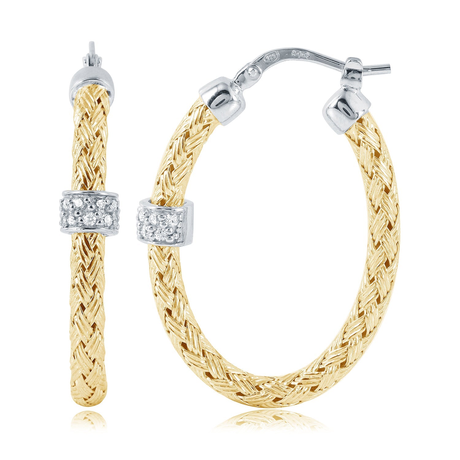 Sterling Silver 3Mm Mesh Earrings With Cz, Oval Approximate 30X22Mm, 2 Tone, 18K Yellow Gold And Rhodium Finish