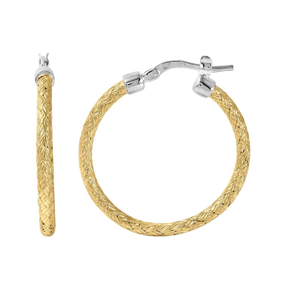 Sterling Silver 2Mm Mesh Earrings, Round Approximate 25Mm, 2 Tone, 18K Yellow Gold And Rhodium Finish