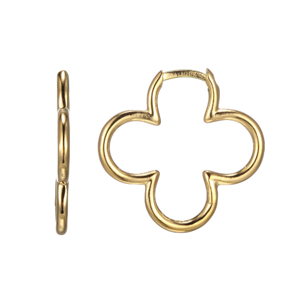 Sterling Silver Earrings With Clover Shape , Hidden Snap Bar, 18K Yellow Gold Finish