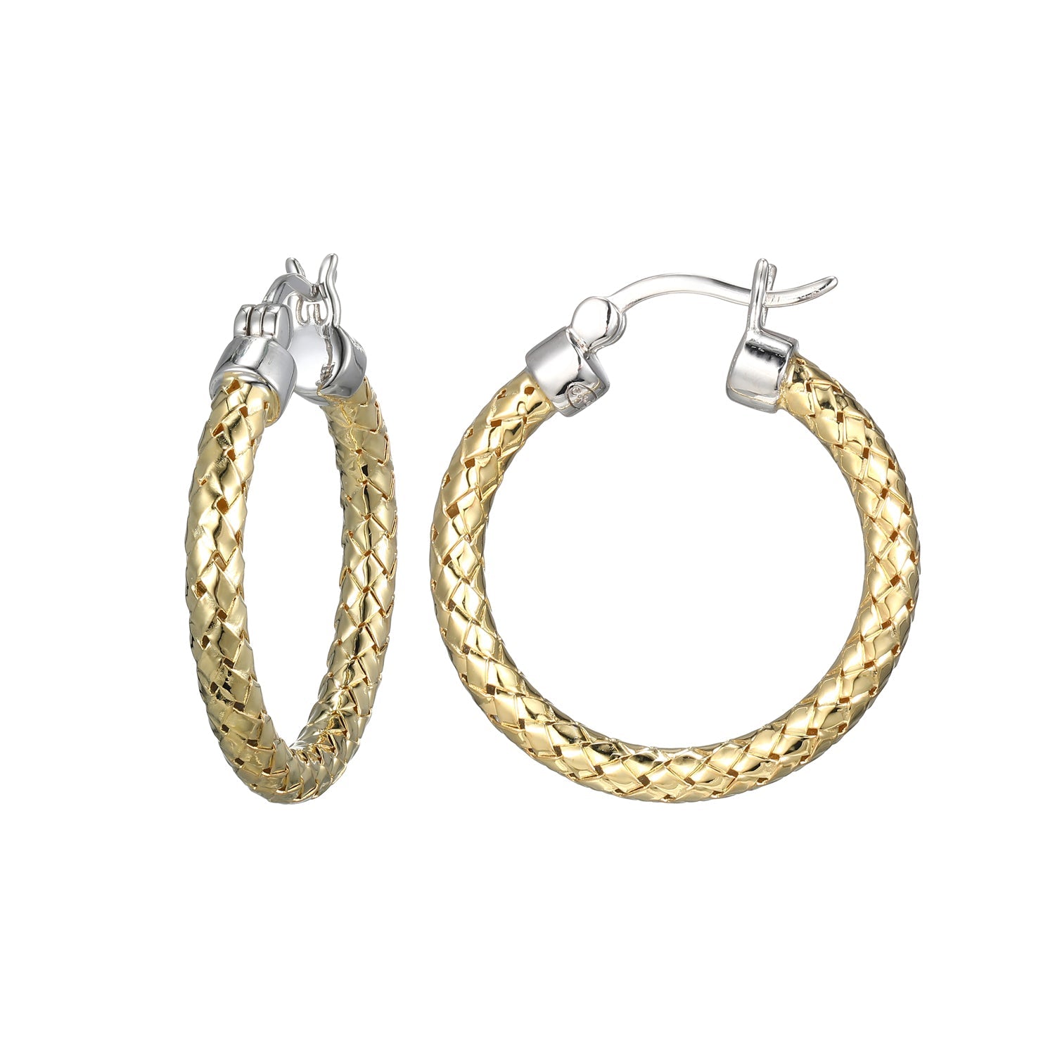 Sterling Silver 3Mm Mesh 25Mm Hoop Earring 2 Tone,  Rhodium And Yellow Gold Finish