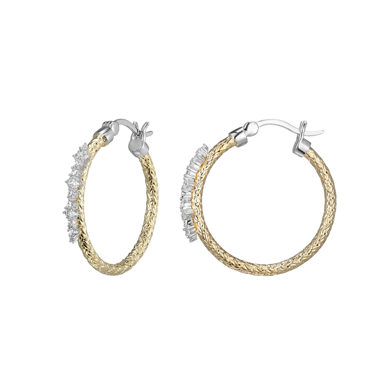 Sterling Silver Classic Mesh 25 Mm Cubic Zirconia Hoop Earring Yellow Gold And Rhodium Finish