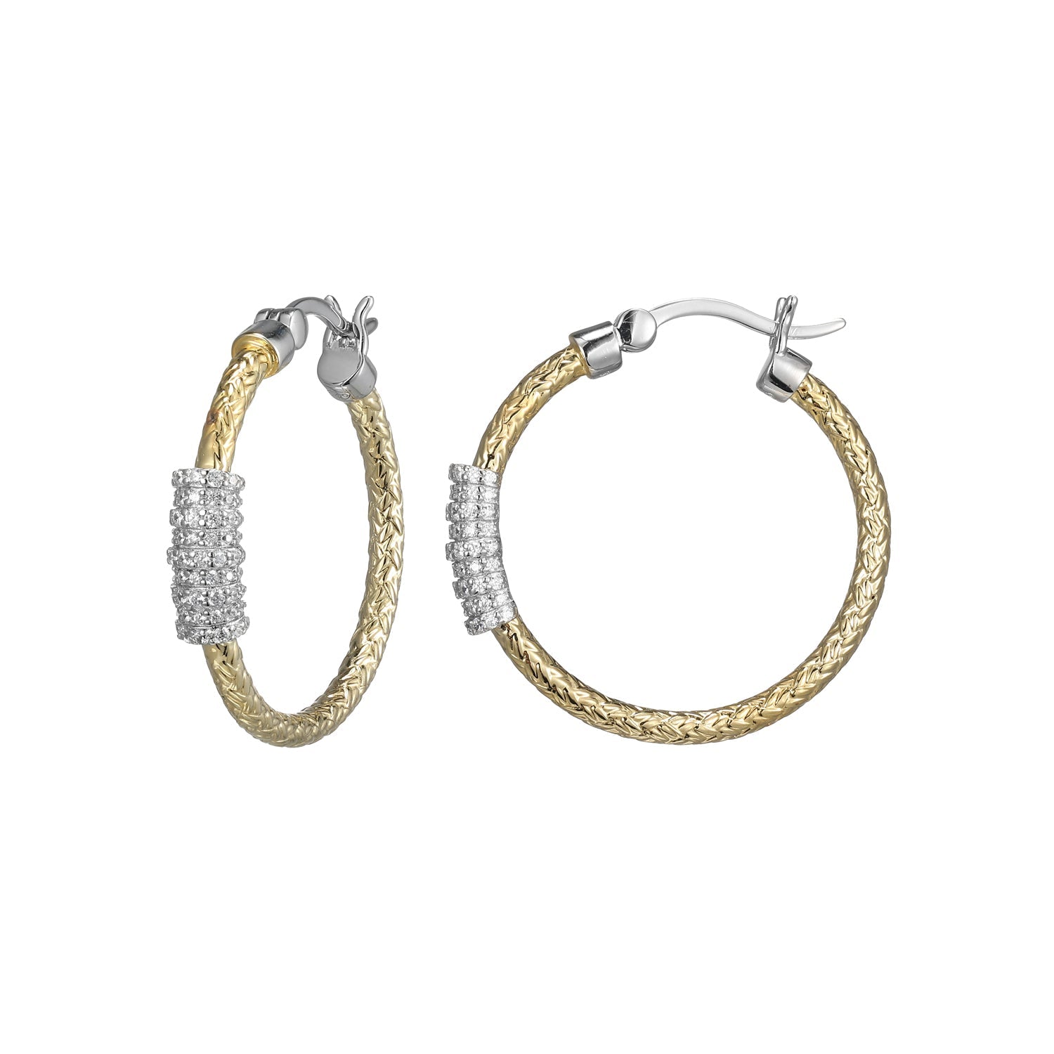 Sterling Silver Classic Mesh Cubic Zirconia Wrap 25Mm Hoop Earring Yellow Gold And Rhodium Finish