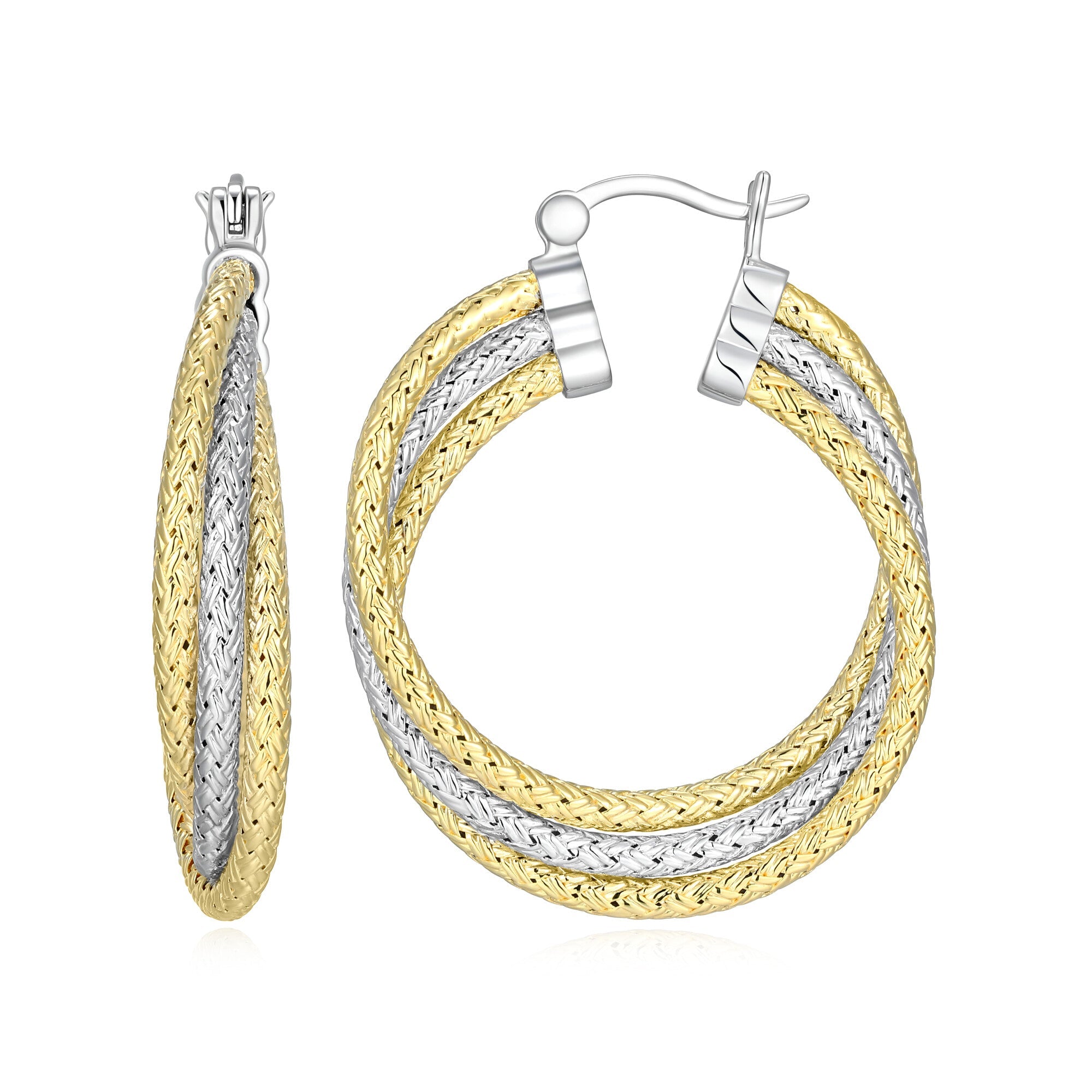 Sterling Silver Yellow Gold And Rhodium Plated Hoop Earrings No Stone