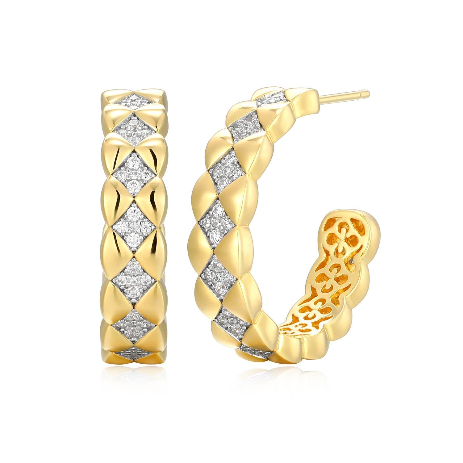 Sterling Silver Charles Garnier "quilted" Rhodium And Yellow Gold Plated Cz Earrings 25mm