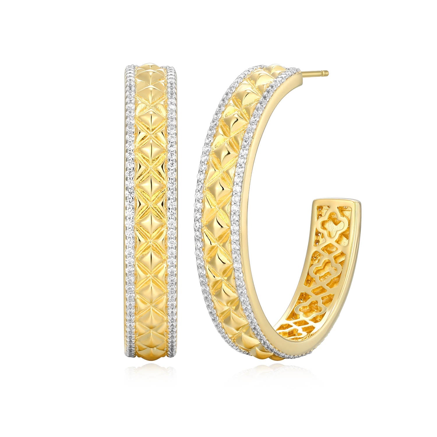 Sterling Silver Charles Garnier "quilted" Rhodium And Yellow Gold Plated Cz Earrings 35mm