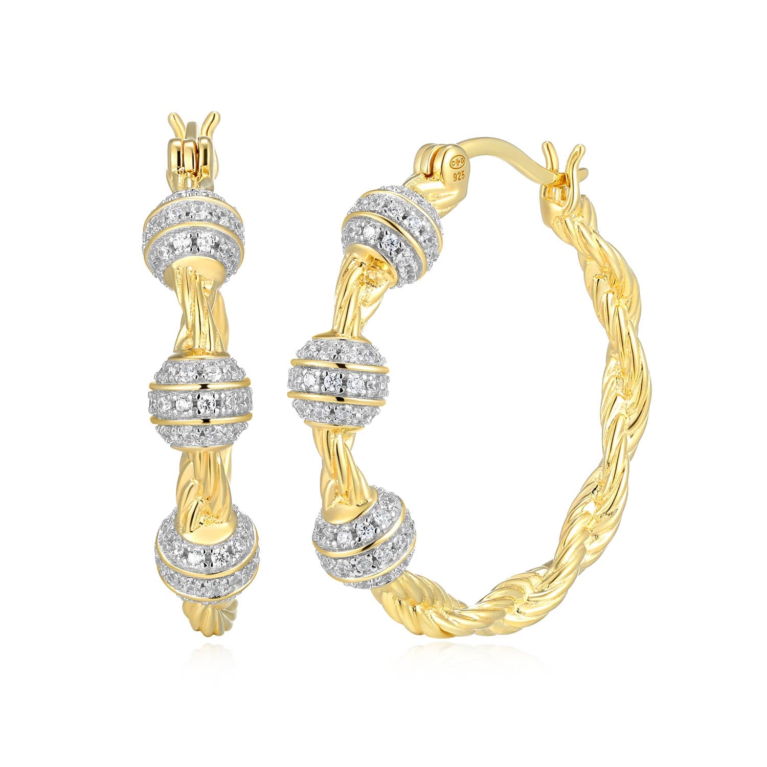 Sterling Silver Charles Garnier "rope" Rhodium And Yellow Gold Plated Cz Earrings 30mm