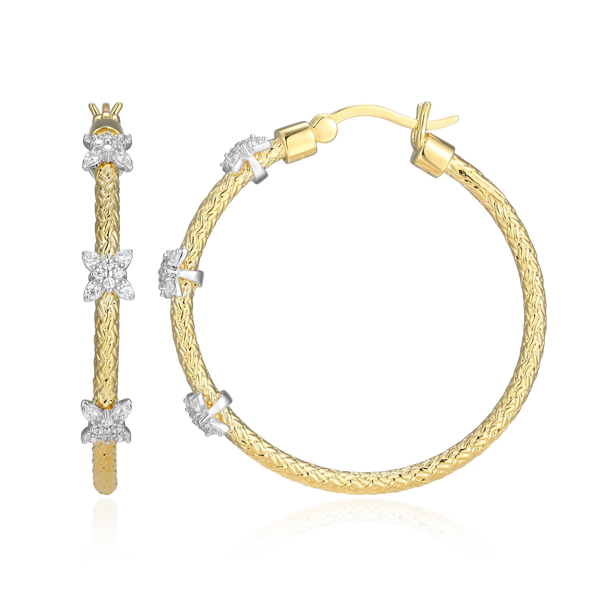 Sterling Silver Yellow Gold And Rhodium Plated Hoop Earrings With White Cz