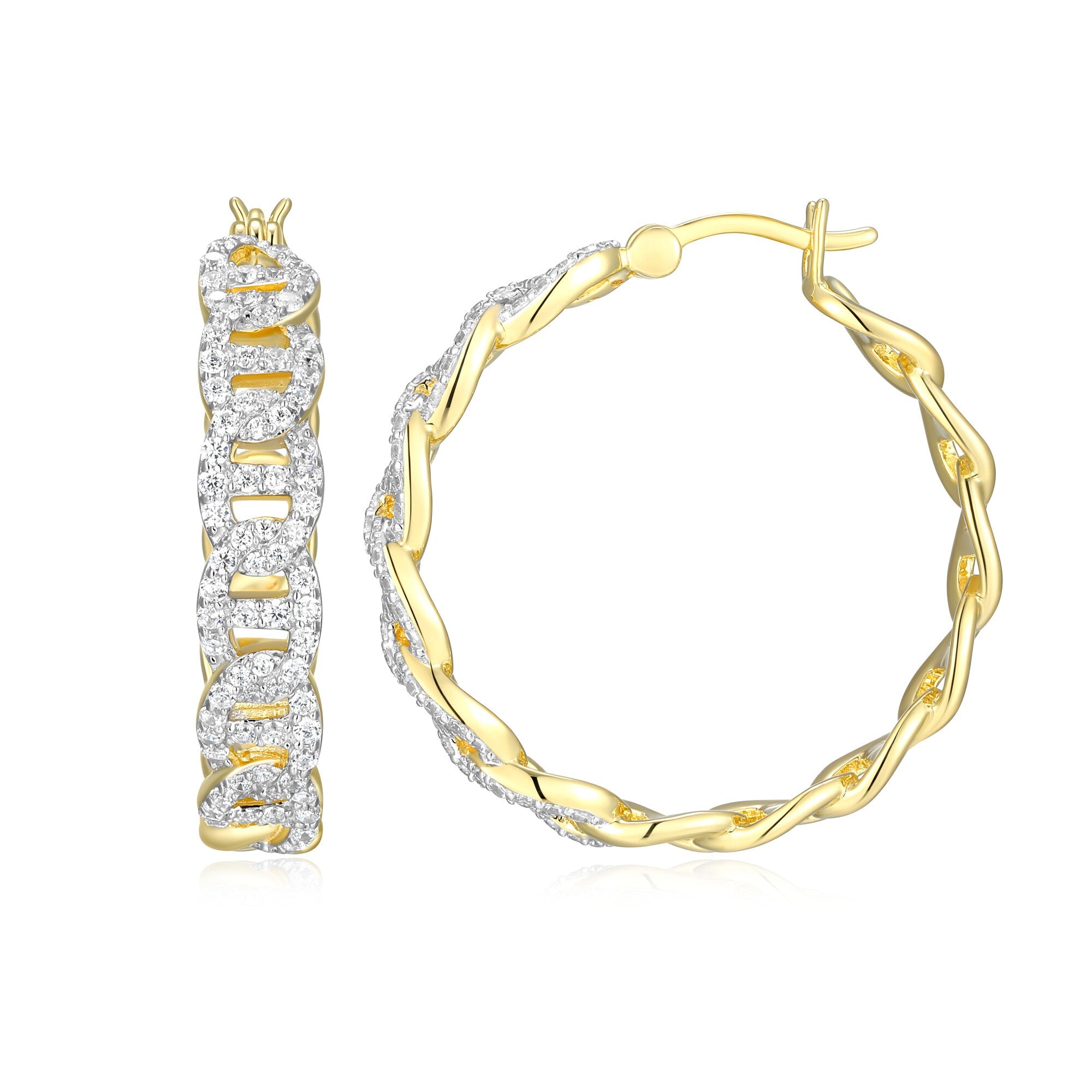Sterling Silver Yellow Gold And Rhodium Plated Hoop Earrings With White Cz