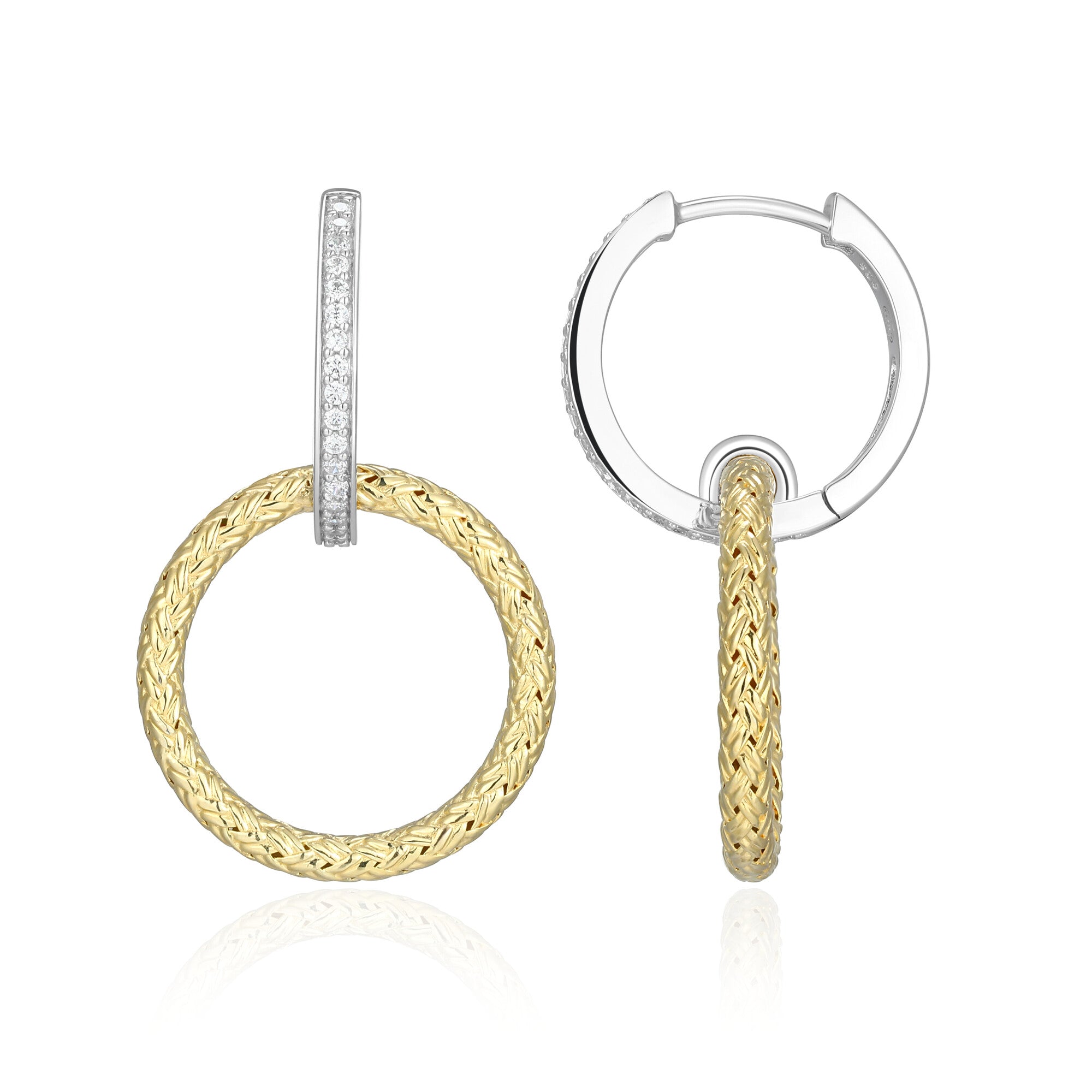 Sterling Silver Yellow Gold And Rhodium Plated Hoop Earrings With White Cz