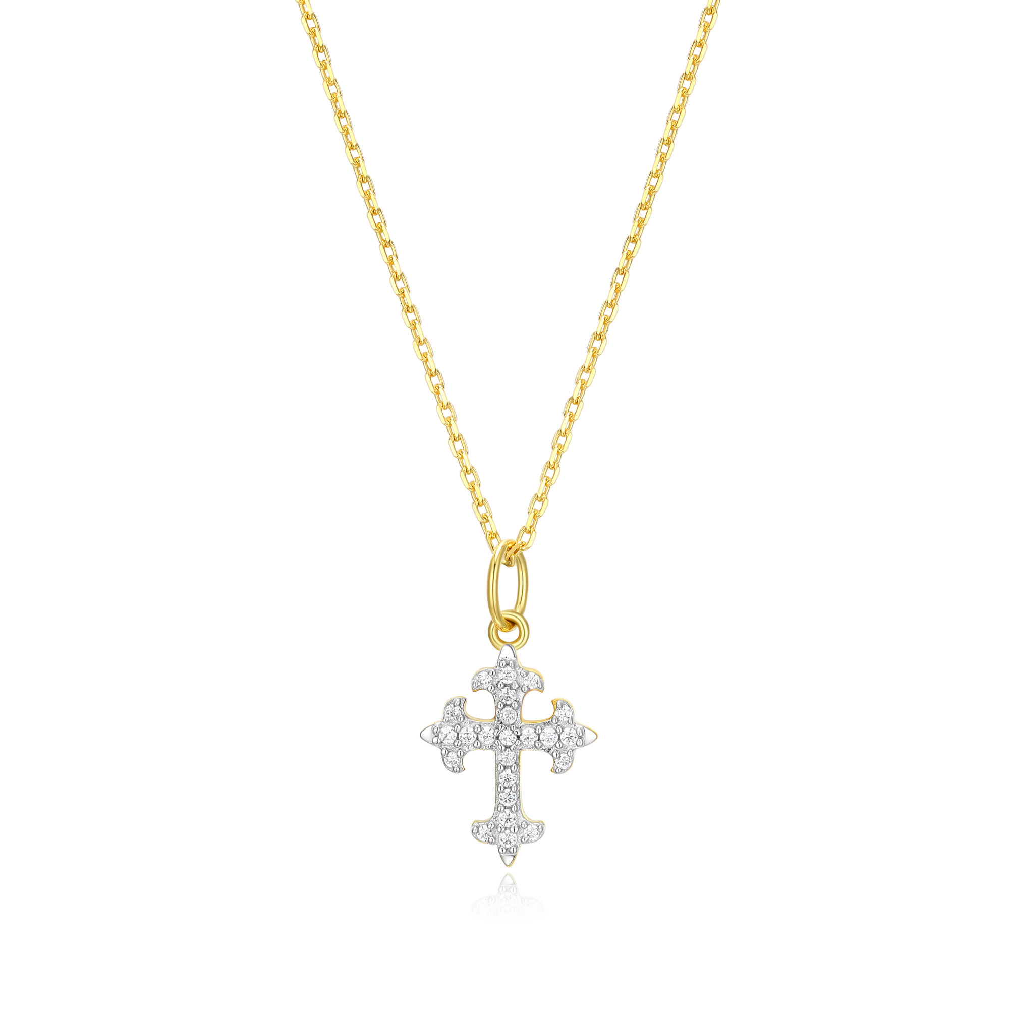 BN0021Y - Flory Cross Pendant Necklace in 14K Yellow Gold-Plated Sterling Silver
