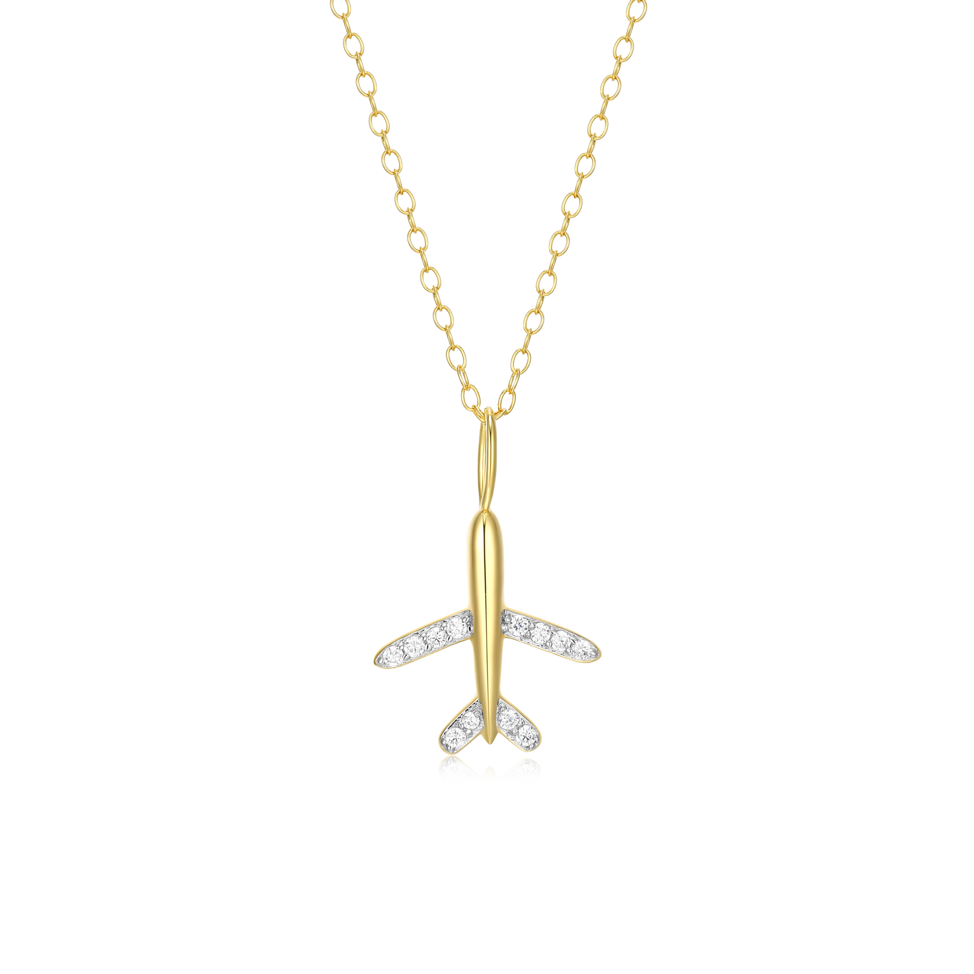 BN0050Y - Airplane Pendant Necklace in 14K Yellow Gold-Plated Sterling Silver