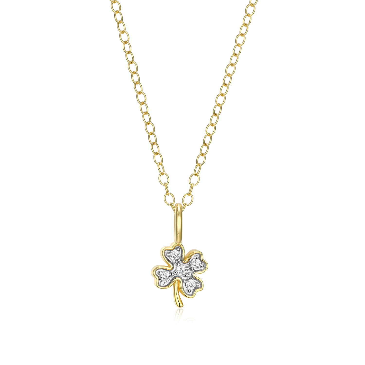BN0179Y - Lucky Clover Lab-Created Diamond Pendant Necklace in 14K Gold & Rhodium-Plated Sterling Silver