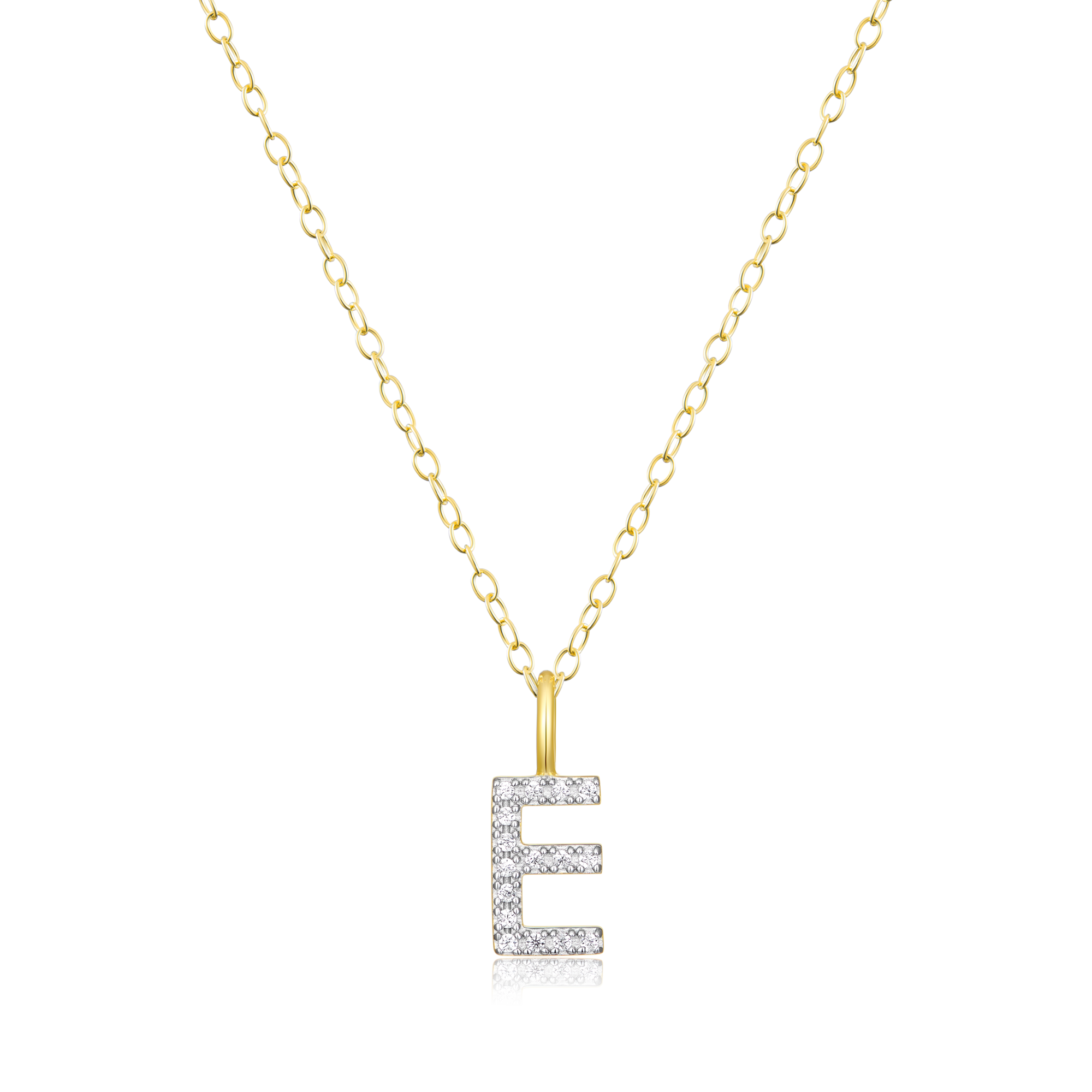 BN0124Y - Letter "E" Initial Pendant Necklace in 14K Yellow Gold-Plated Sterling Silver