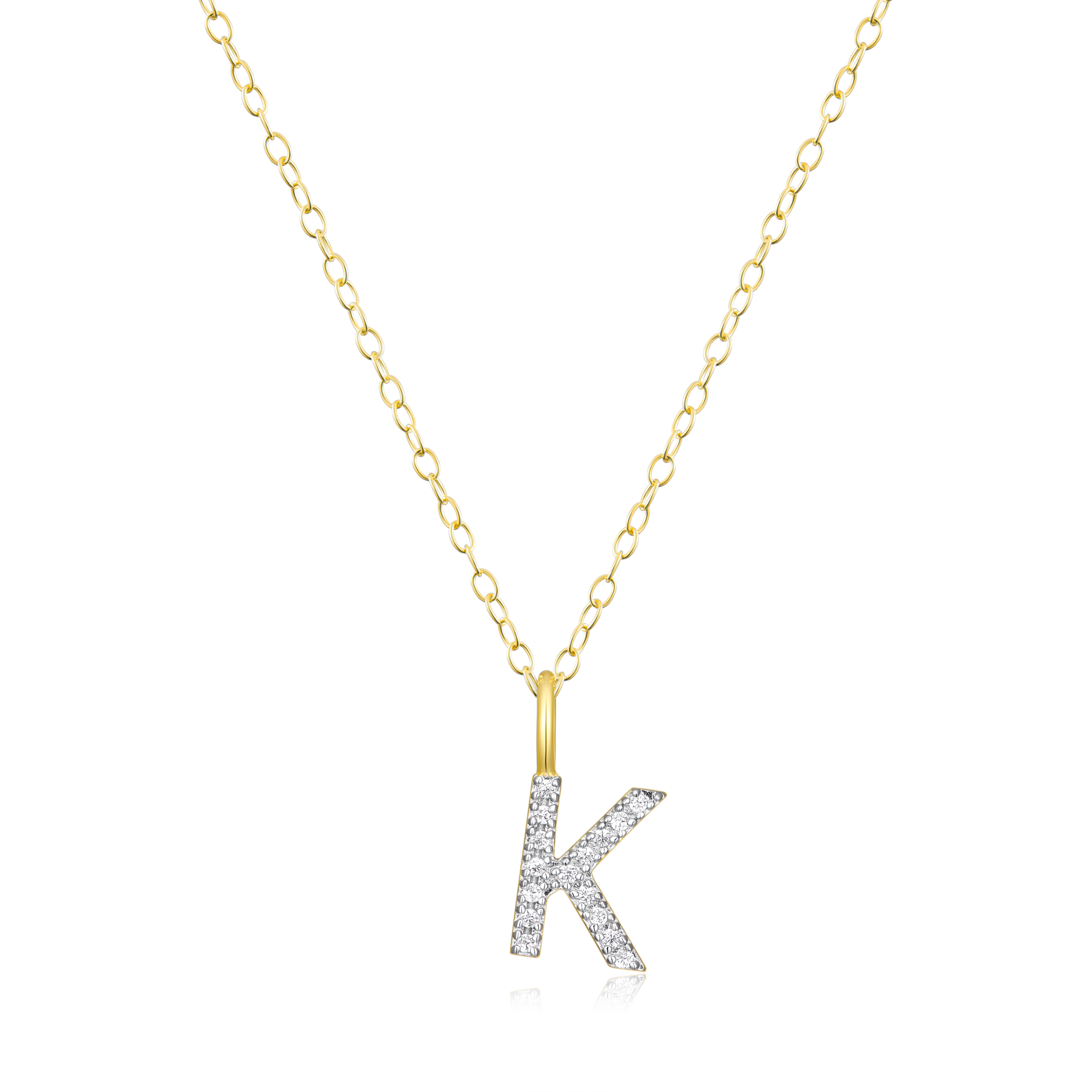 BN0130Y - Letter "K" Initial Pendant Necklace in 14K Yellow Gold-Plated Sterling Silver