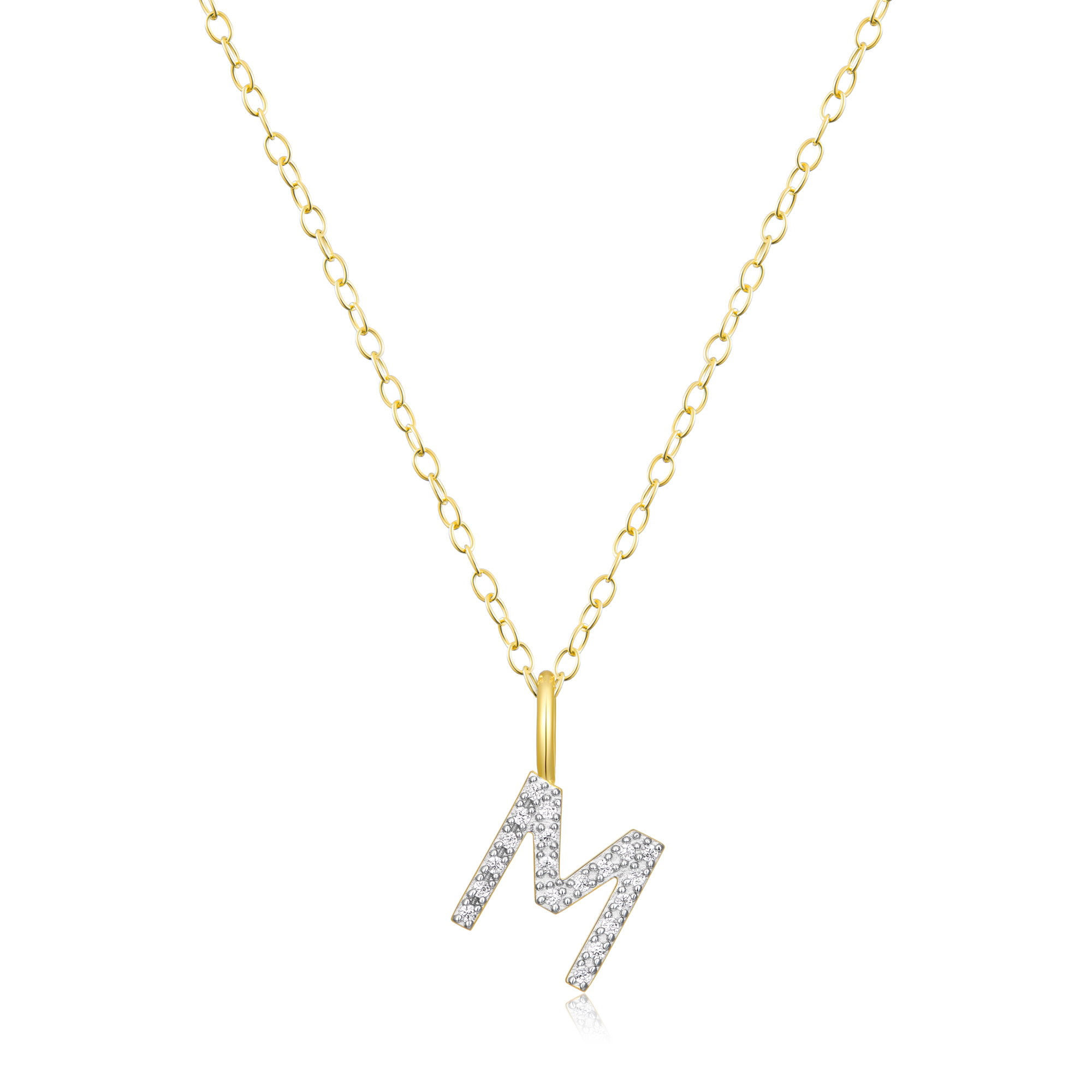 BN0132Y - Letter "M" Initial Pendant Necklace in 14K Yellow Gold-Plated Sterling Silver