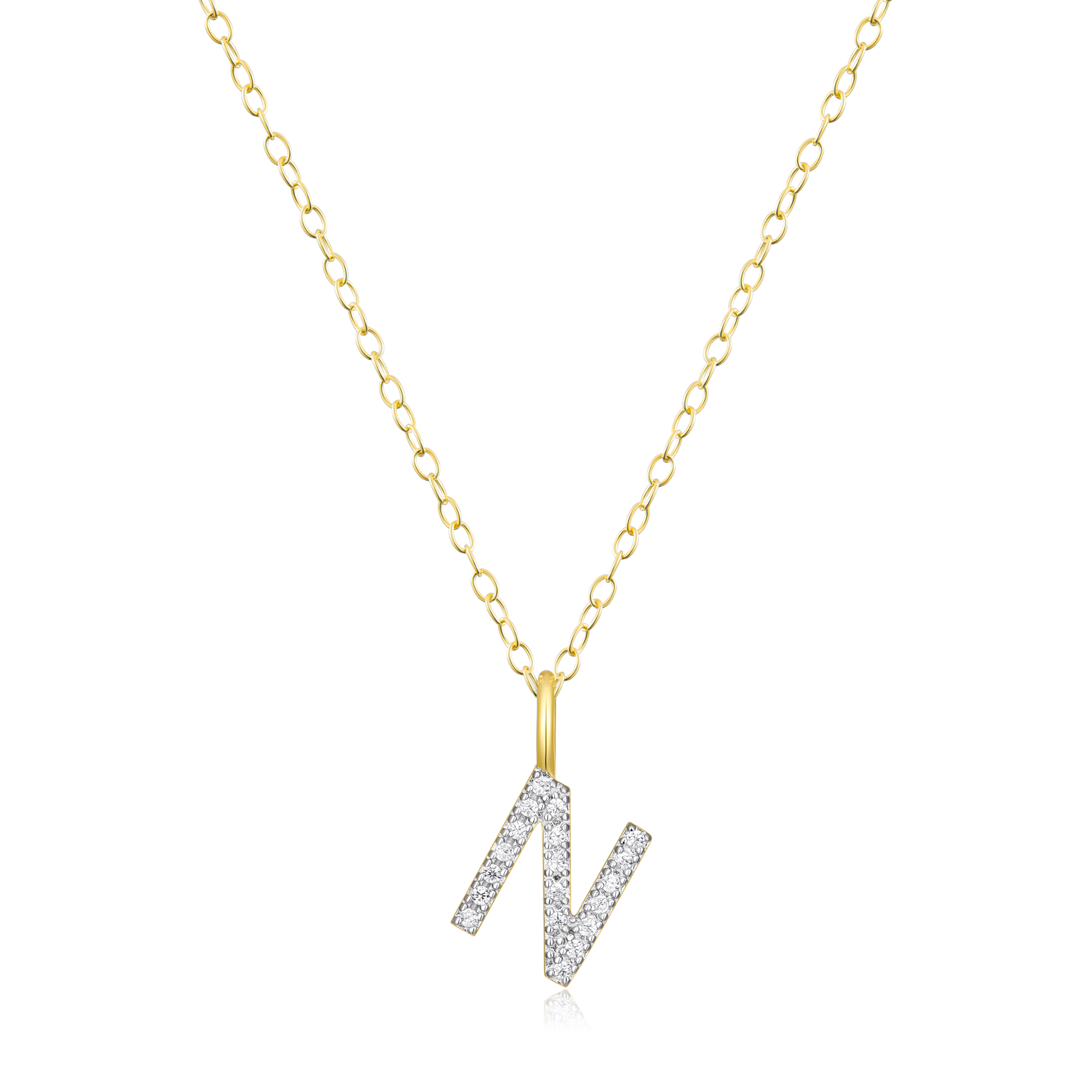 BN0133Y - Letter "N" Initial Pendant Necklace in 14K Yellow Gold-Plated Sterling Silver