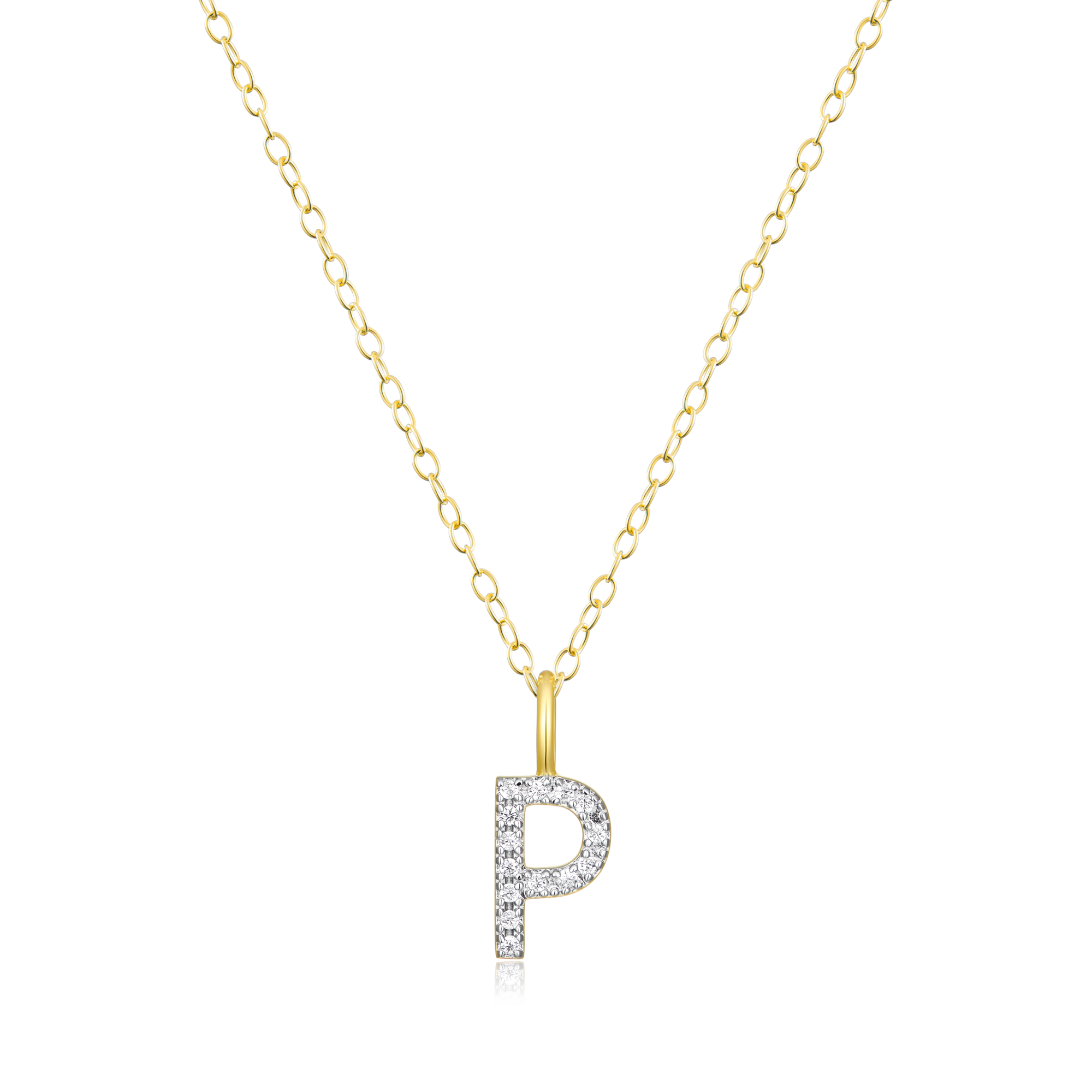 BN0135Y - Letter "P" Initial Pendant Necklace in 14K Yellow Gold-Plated Sterling Silver