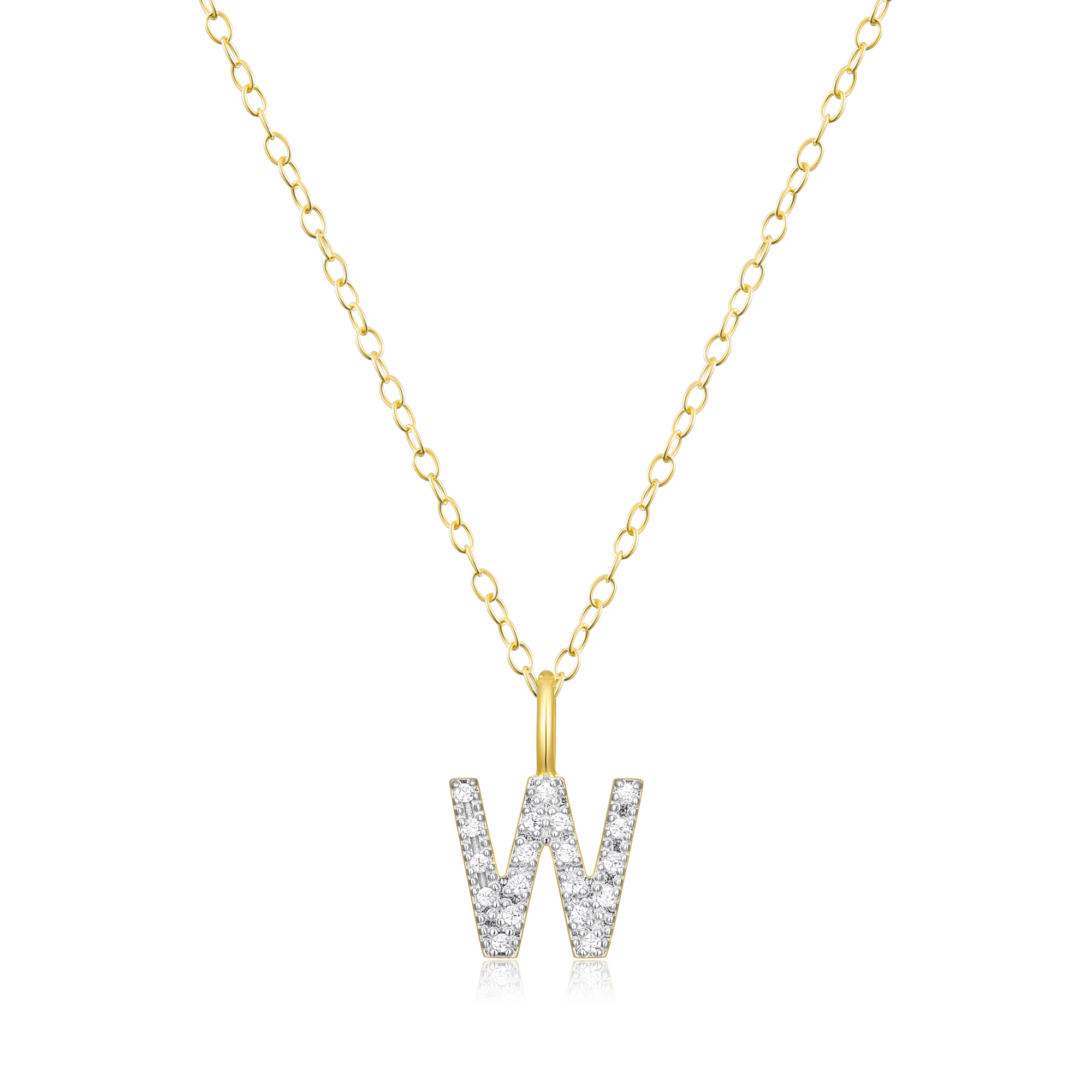 BN0142Y - Letter "W" Initial Pendant Necklace in 14K Yellow Gold-Plated Sterling Silver