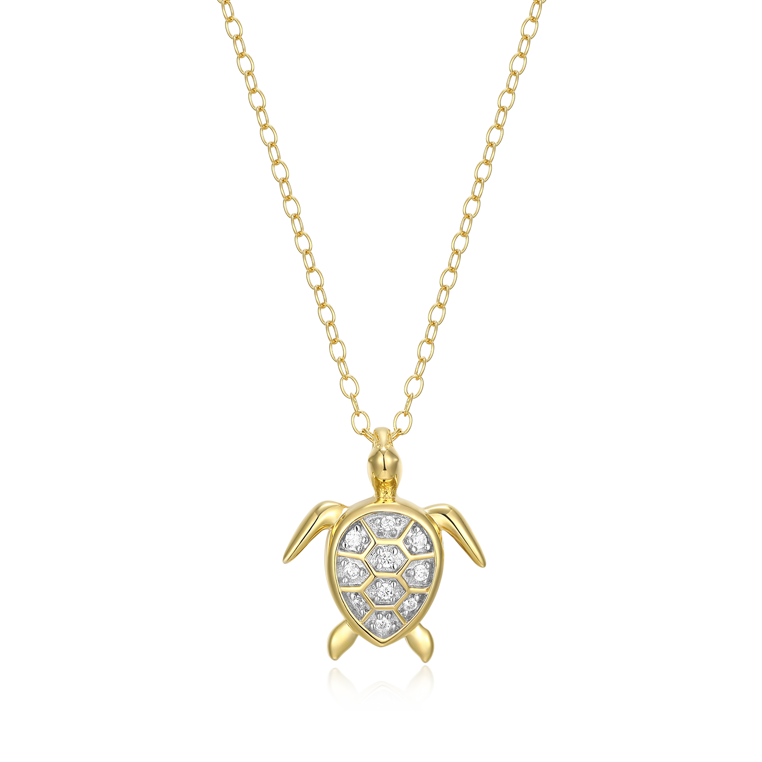 BN0180Y - Sea Turtle Lab-Created Diamond Pendant Necklace in 14K Gold & Rhodium-Plated Sterling Silver
