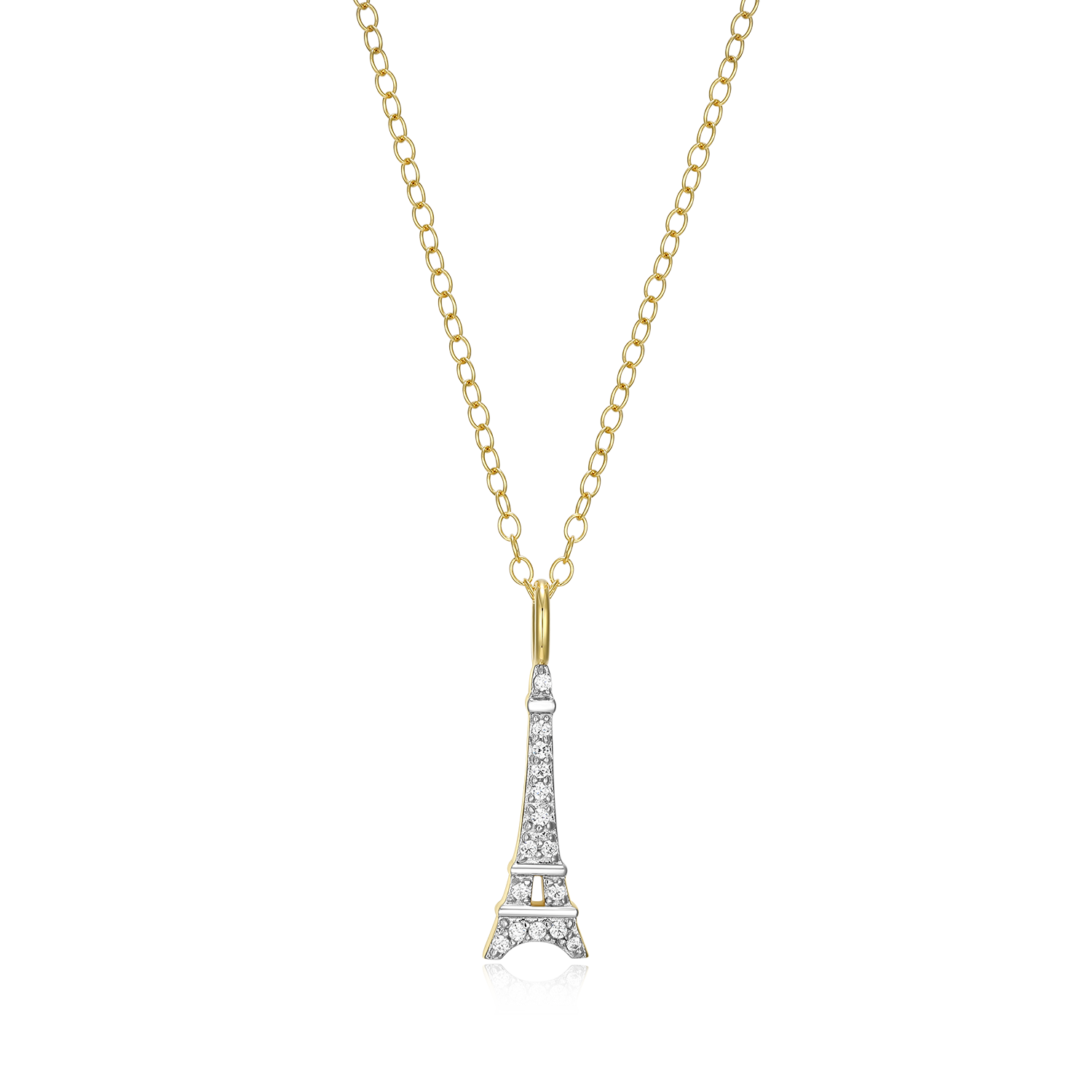 BN0183Y - Eiffel Tower Lab-Created Diamond Pendant Necklace in 14K Gold & Rhodium-Plated Sterling Silver