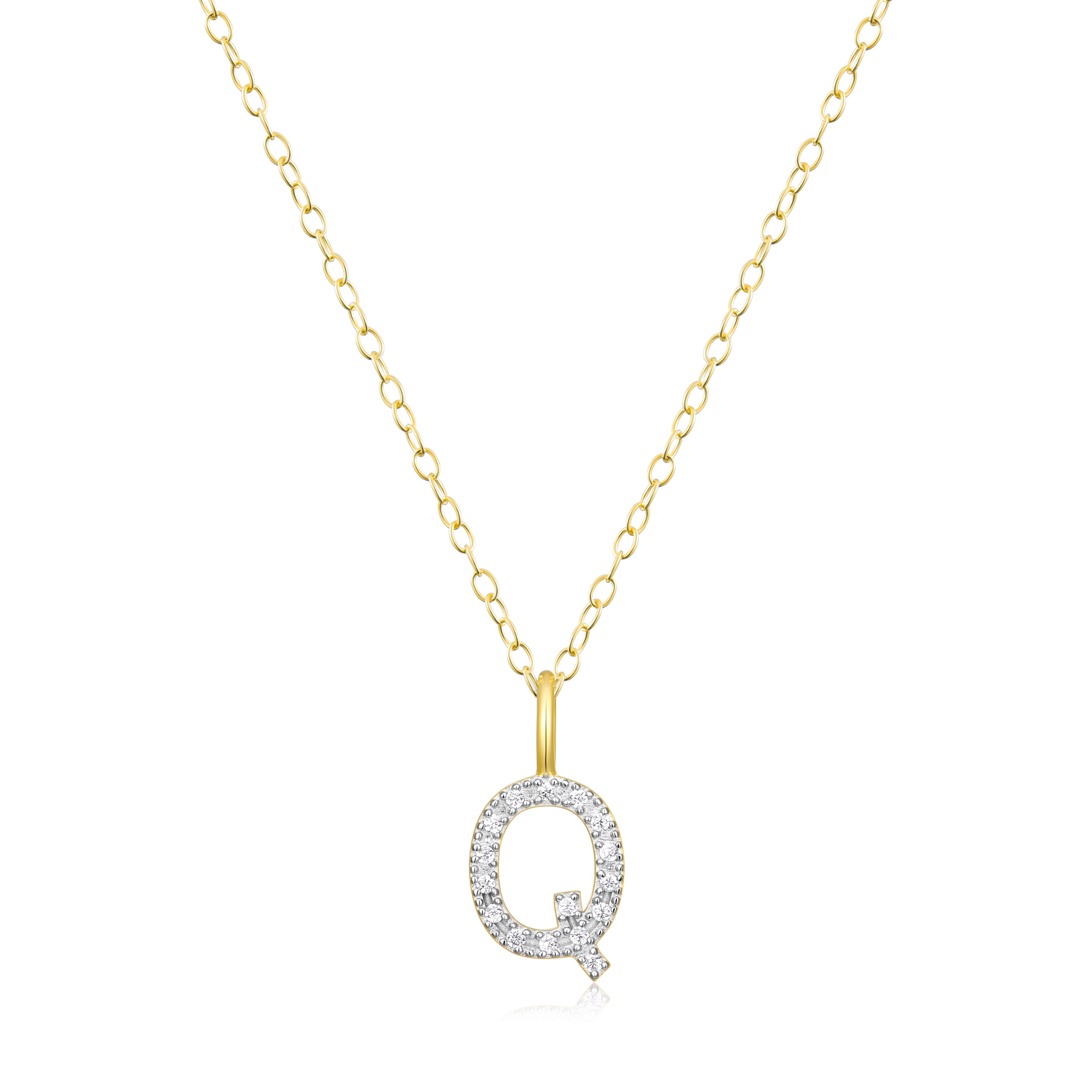 BN0136Y - Letter "Q" Initial Pendant Necklace in 14K Yellow Gold-Plated Sterling Silver