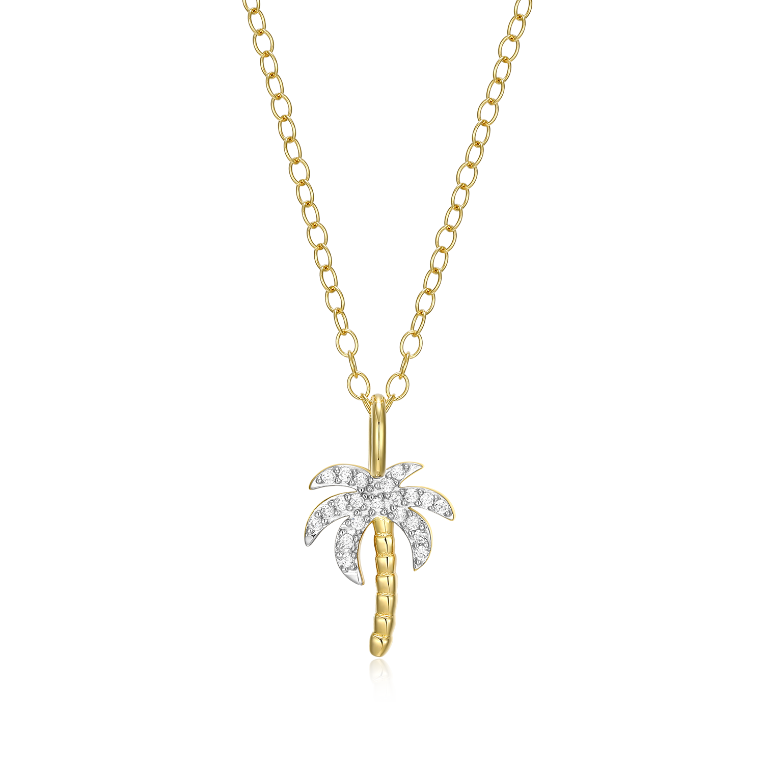 BN0181Y - Pave Palm Tree Lab-Created Diamond Pendant Necklace in 14K Gold & Rhodium-Plated Sterling Silver