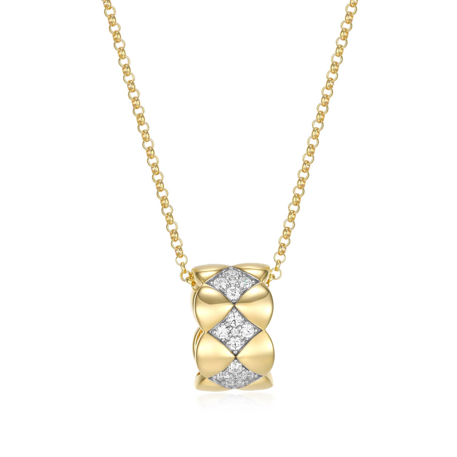 Sterling Silver Charles Garnier "quilted" Rhodium And Yellow Gold Plated Cz Necklace On 17" + 2" Rolo