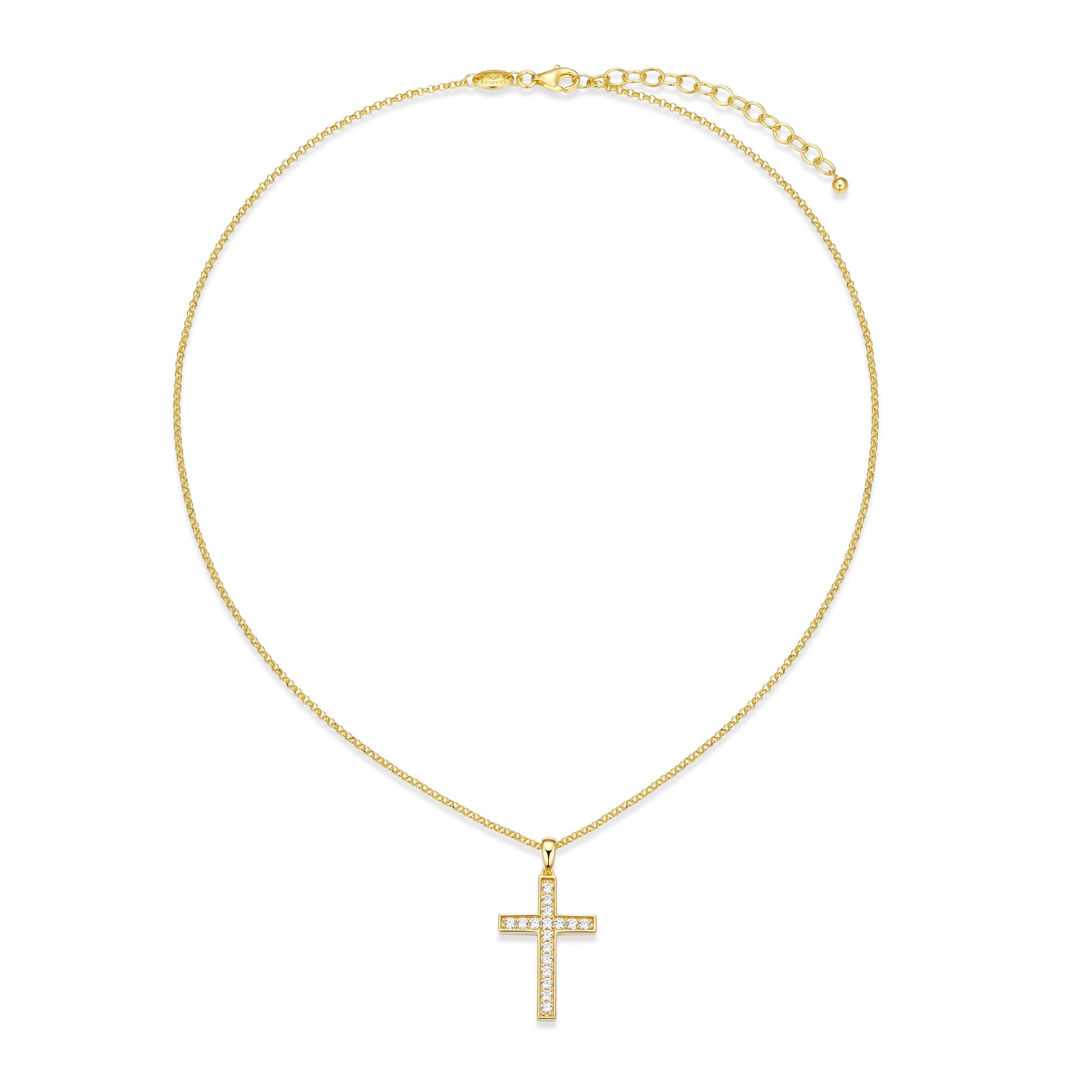 Sterling Silver Yellow Gold Plated Pend With White Cz Size020 Rolo (1.5Mm From M441)Chain 17" Ext 2"