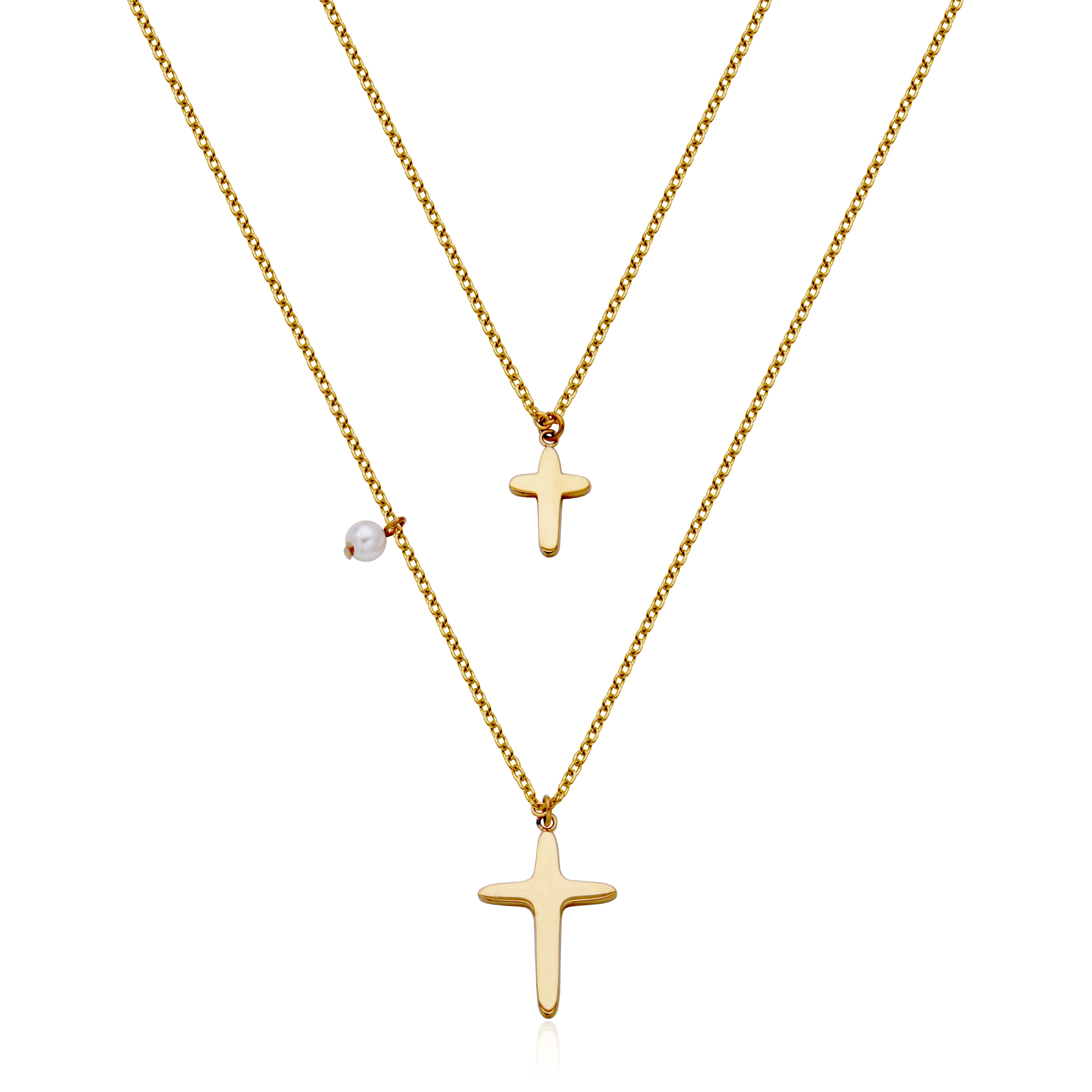 Steelx Ip Gd Neck Pearl &amp;cross Double Layer 15+2"