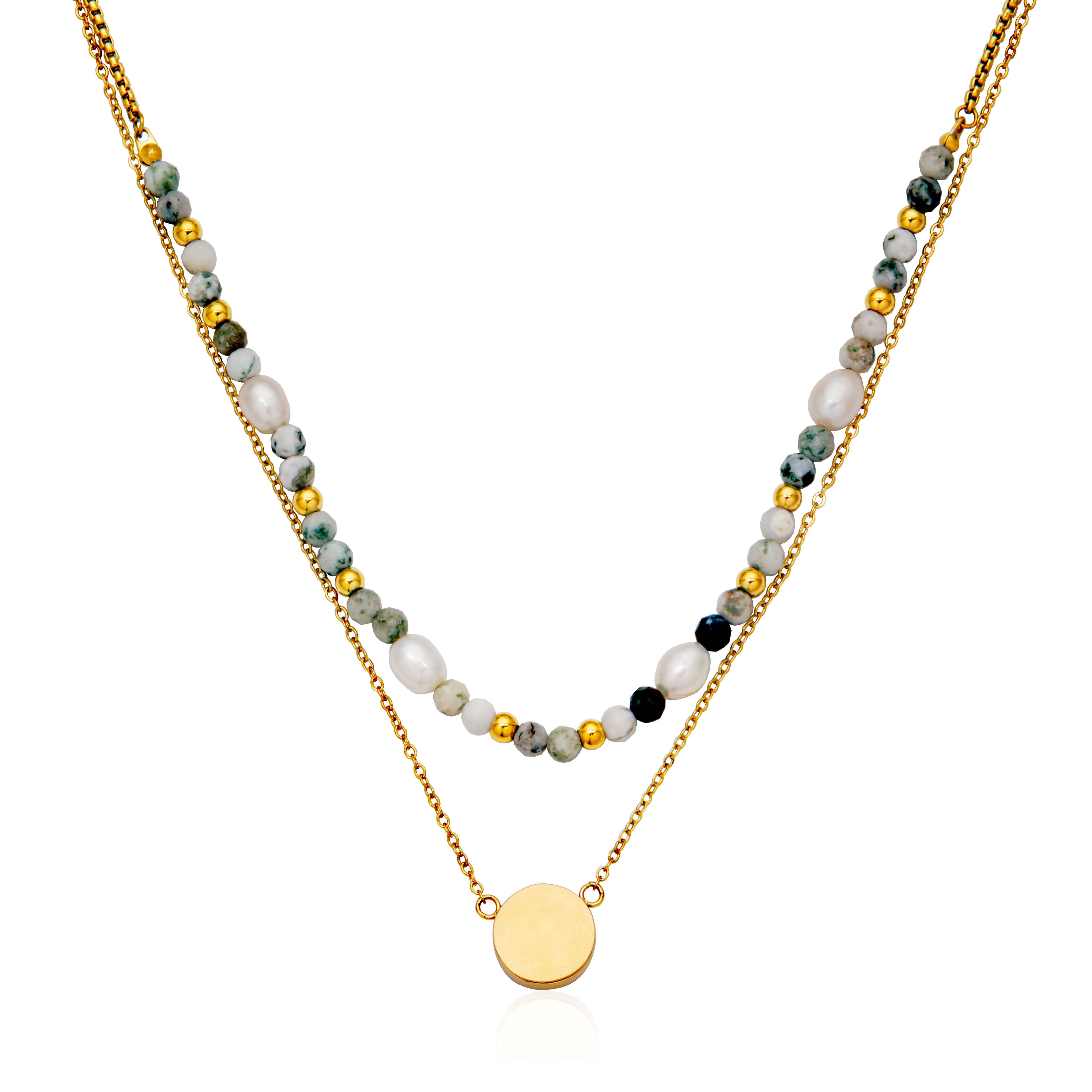 Steelx Ip Gd Freshwater Pearl Green Bead Neck16.5+2"