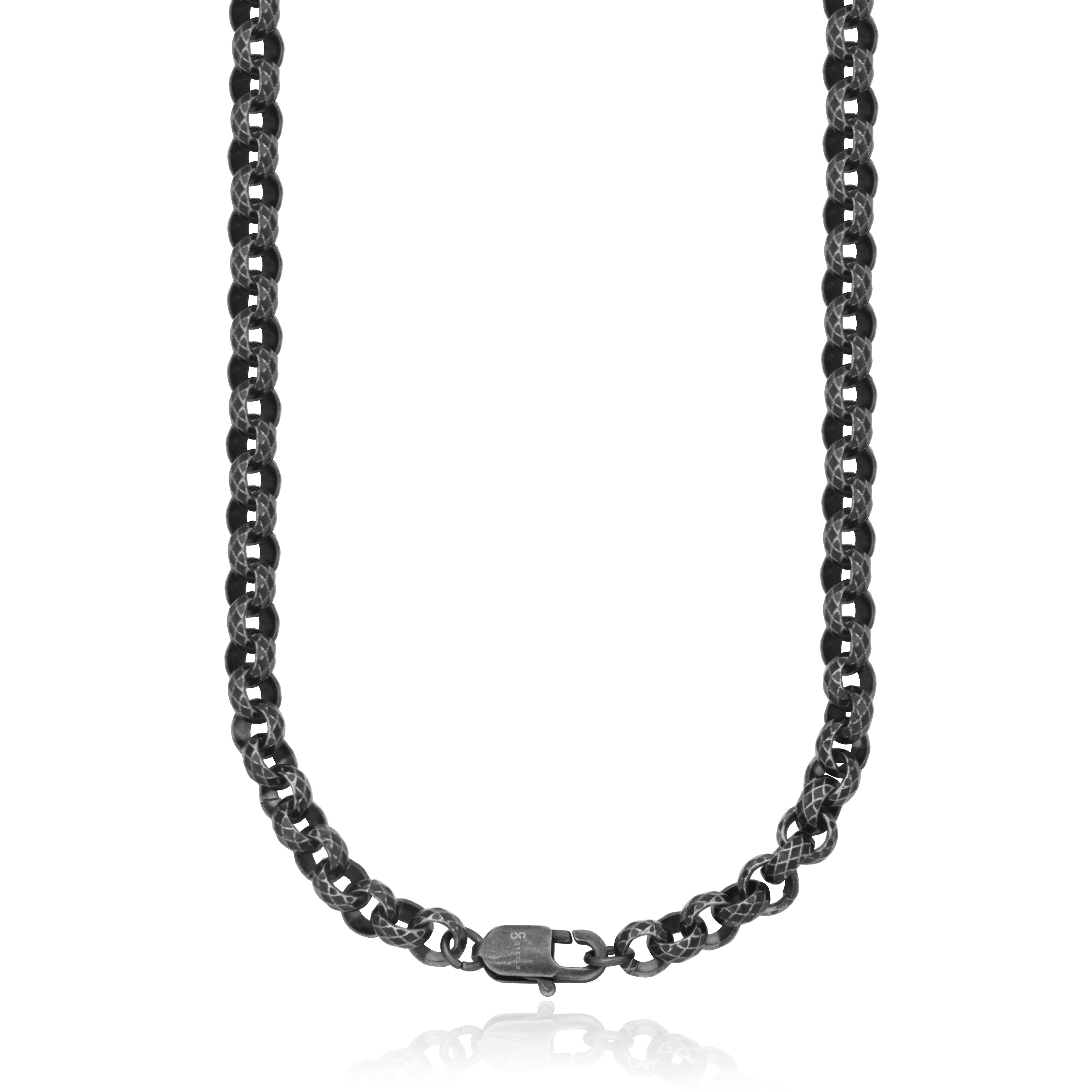 Steelx Ip Antique Black Textured Rolo Chain Necklace 7Mm 24"
