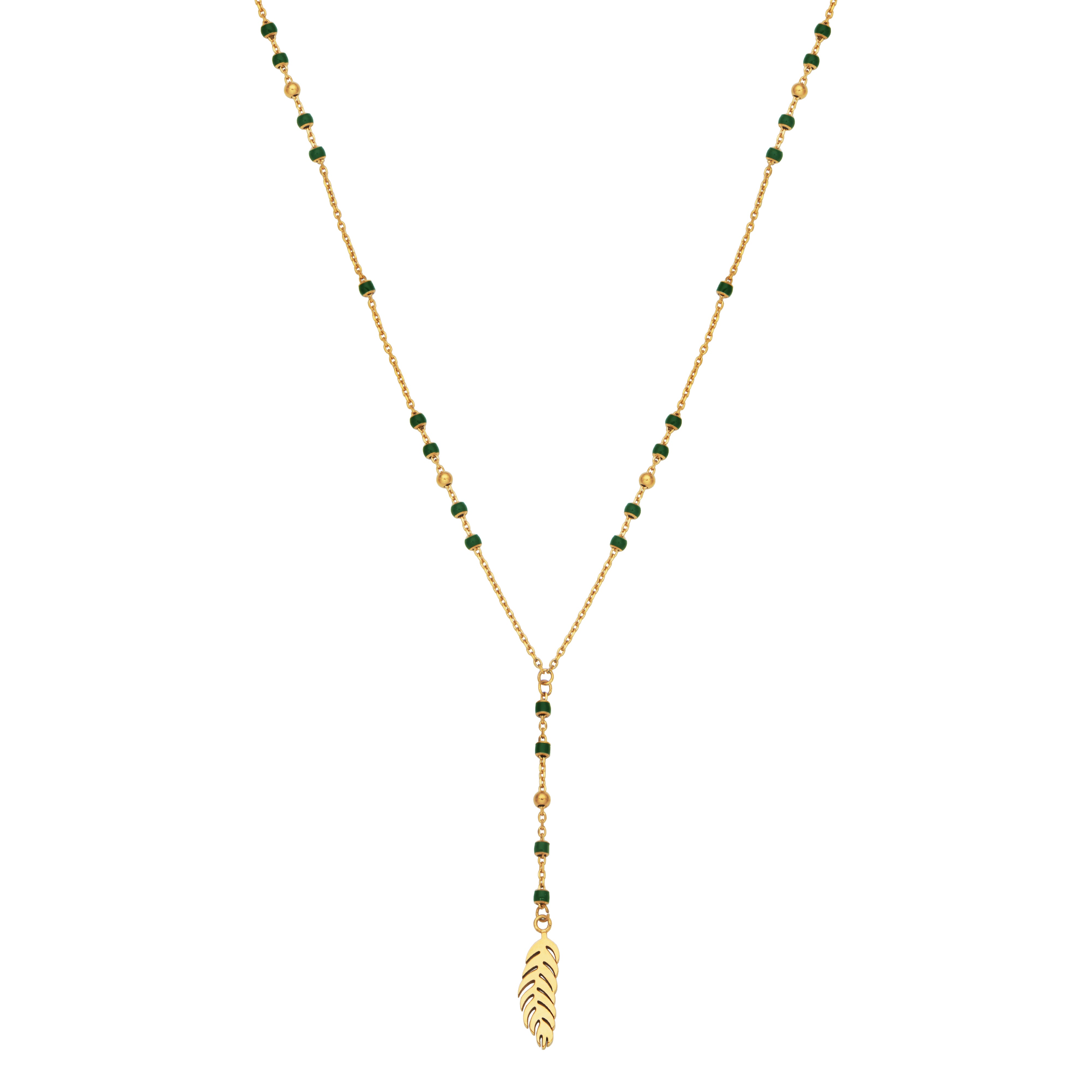 Steelx Ip Gd Green Enamel Beads Leafs Neck 16+2"