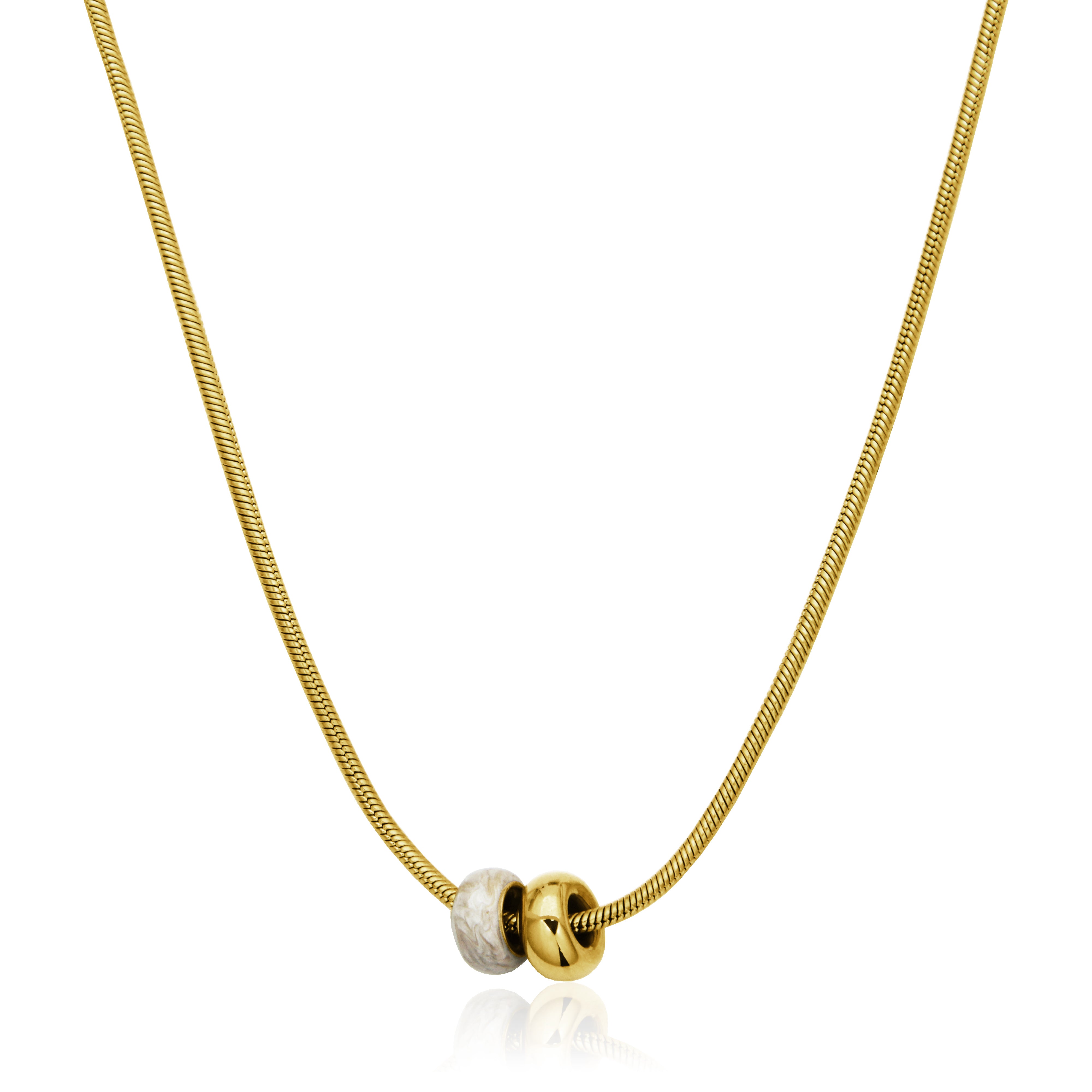 T0XJ850216 - Two-Tone White Enamel & IP Gold Rondelles Snake Chain Necklace