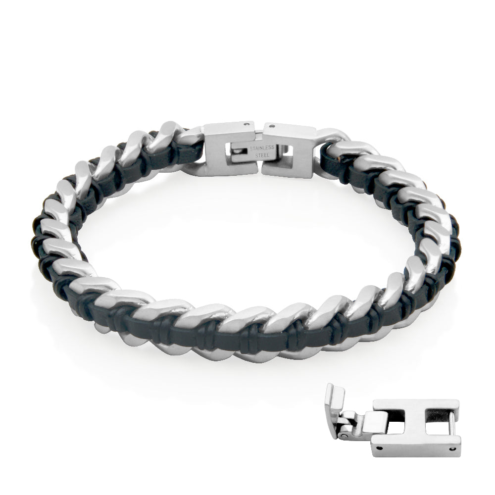 Steelx Adjustable Bracelet With Black Leather 8.25+0.25"