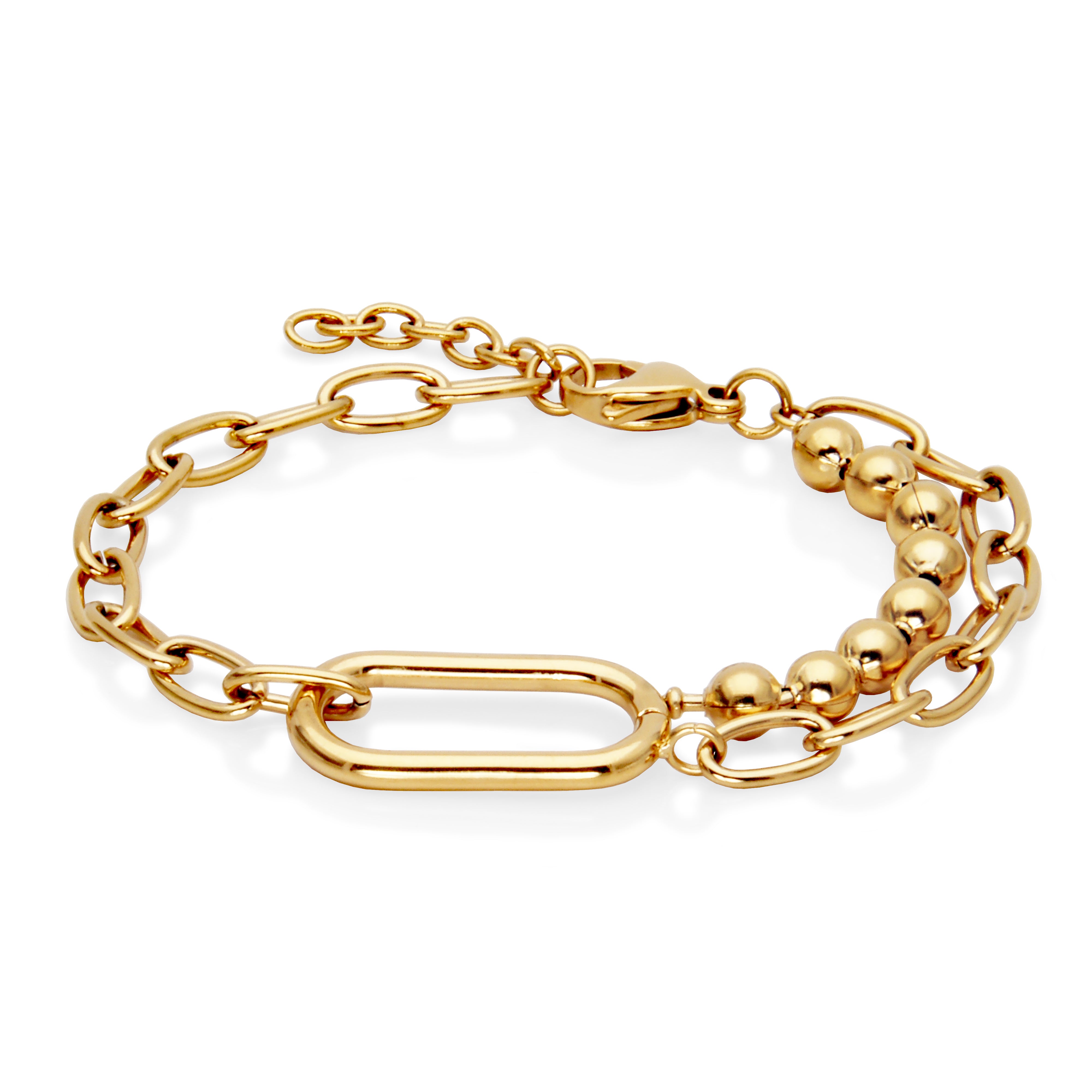 Steelx  Ip Gold Double Layer Bead Link Chain Brac 6.75+1"